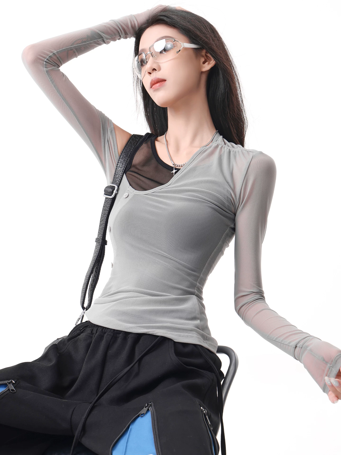 KEN STUDIO áo ba lỗ màu xám dáng ôm vừa vặn chống nắng che nắng giả hai mảnh áo thun dài tay lưới