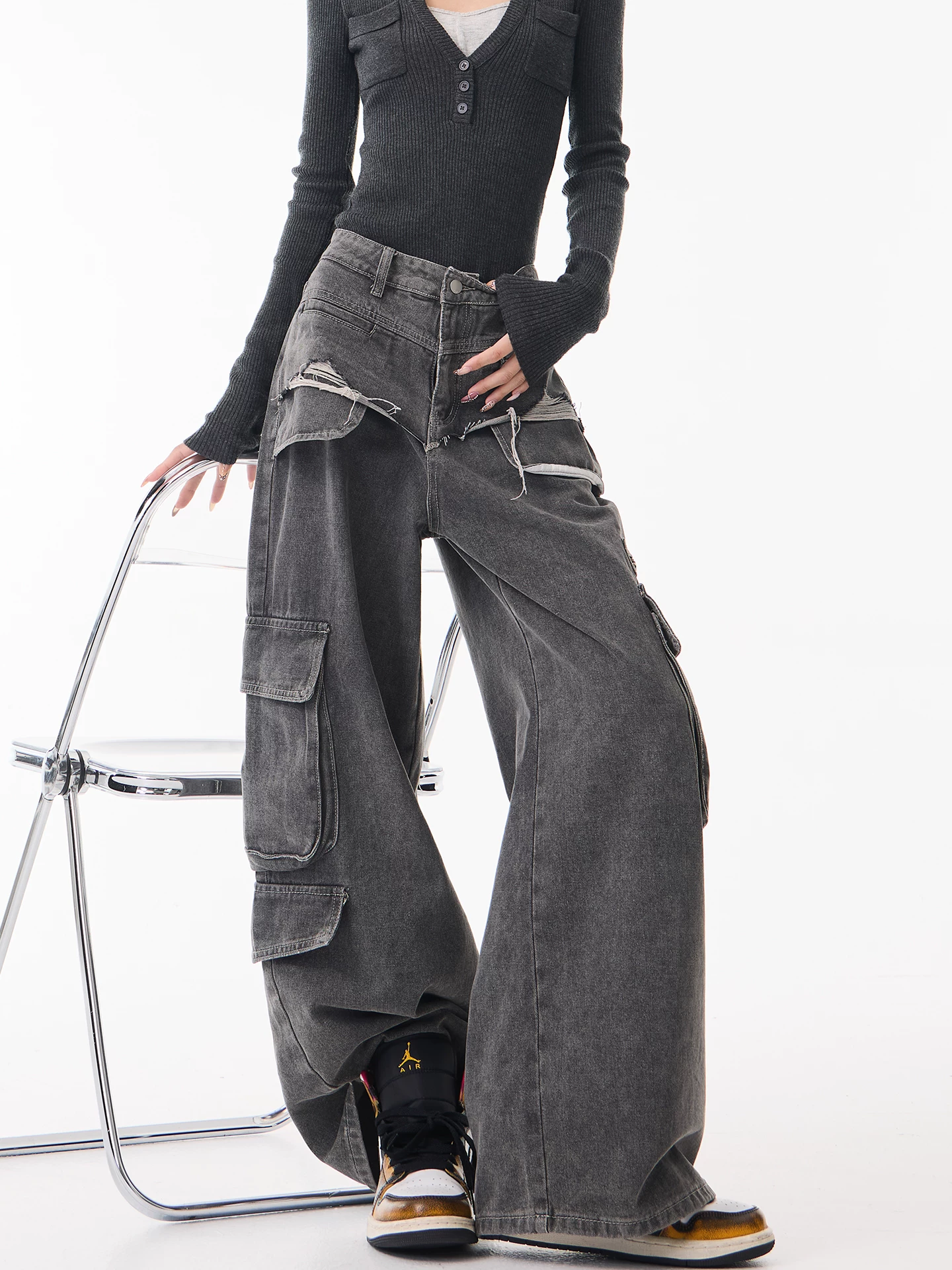 Quần jean công sở màu đen thiết kế cổ điển của KEN STUDIO dành cho nữ, quần ống rộng thẳng lưng cao mới mùa xuân thu