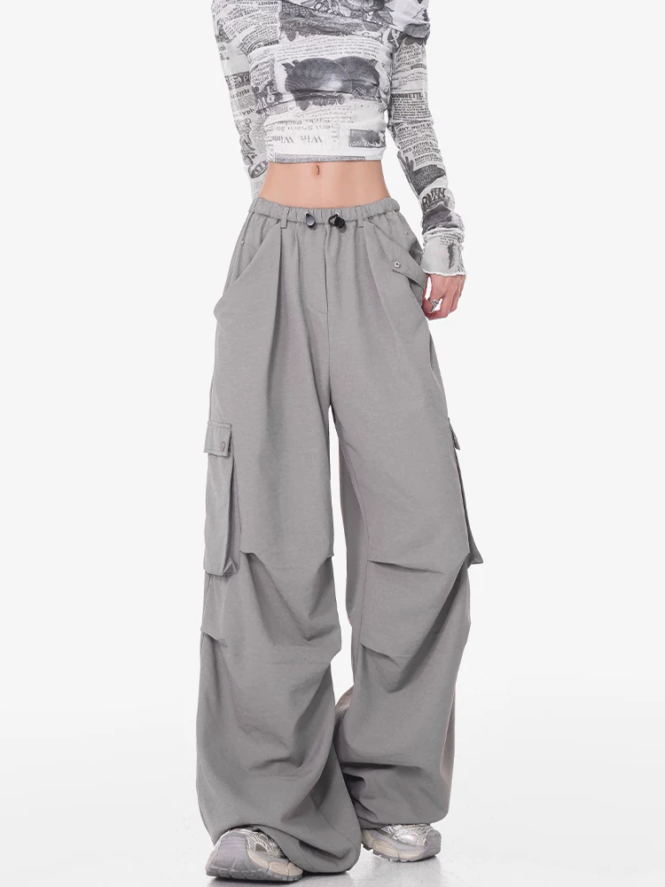 Quần cargo ống rộng màu xám KEN STUDIO dành cho nữ, quần ống đứng mỏng mùa hè, quần thể thao nhanh khô, quần lính dù
