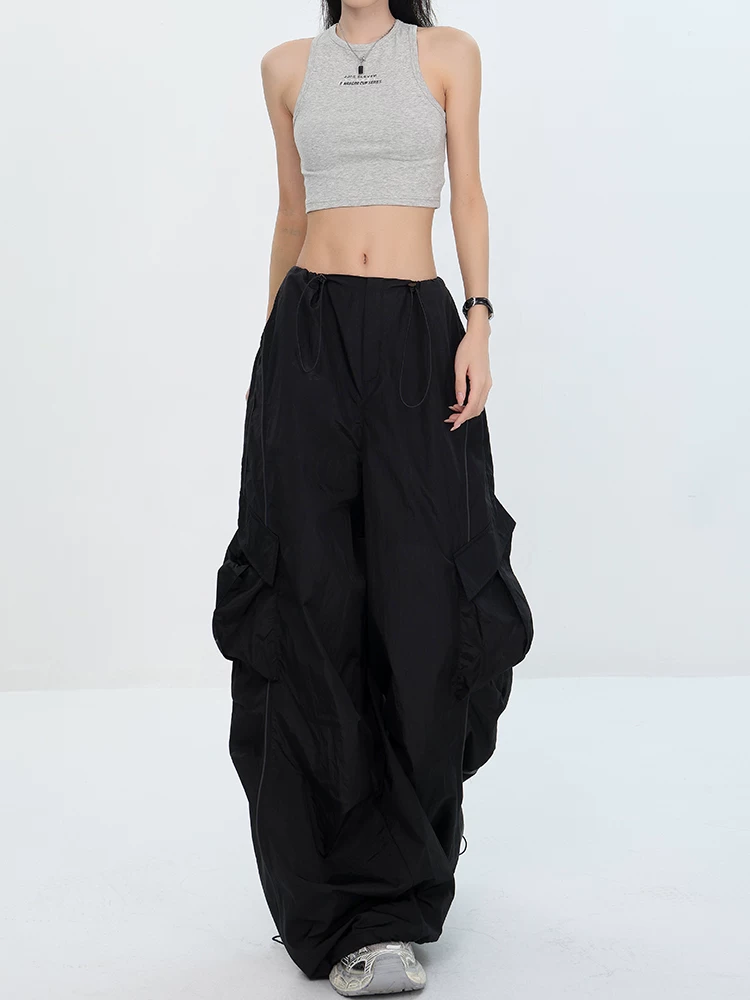 KEN STUDIO phong cách mới mùa hè phong cách đường phố Mỹ màu đen xếp ly dây rút thiết kế eo co giãn quần ống đứng