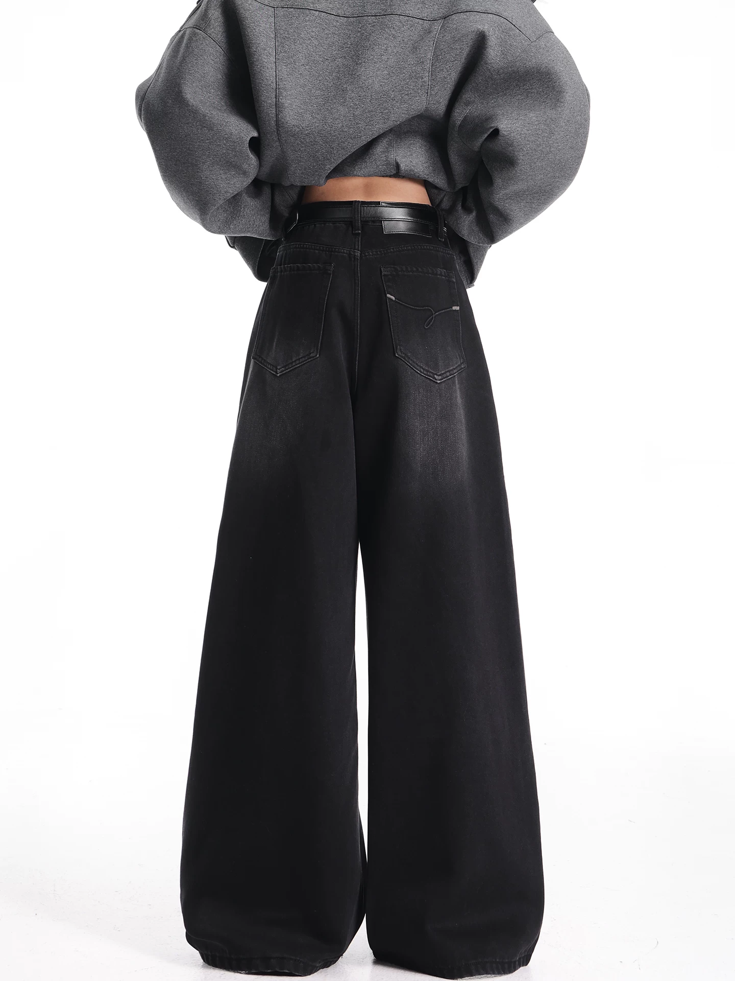 KEN STUDIO quần jean đen lót lông cừu mới mùa thu đông dành cho nữ, quần ống rộng dáng rộng, kiểu dáng cổ điển, giặt mài.