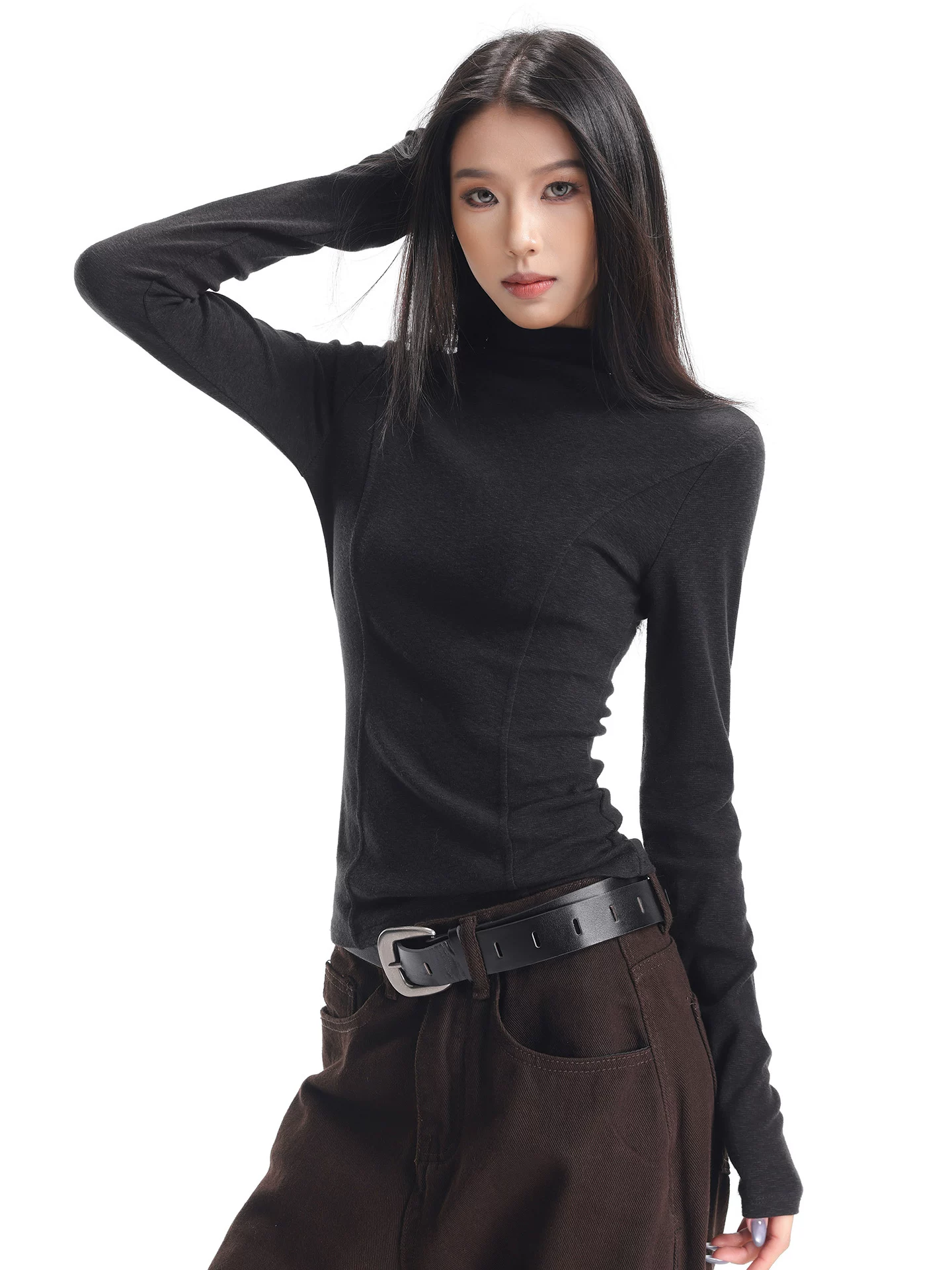 KEN STUDIO Áo thun dài tay cổ cao nửa cổ màu đen thu đông mới dành cho nữ, áo sơ mi xếp lớp bên trong mềm mại và ôm vừa vặn