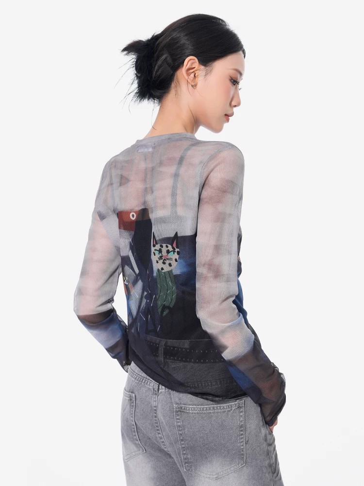 Áo thun dài tay in lưới mới của KEN STUDIO mùa xuân hè, hơi co giãn, hơi xuyên thấu, ôm vừa vặn, áo nữ đa năng