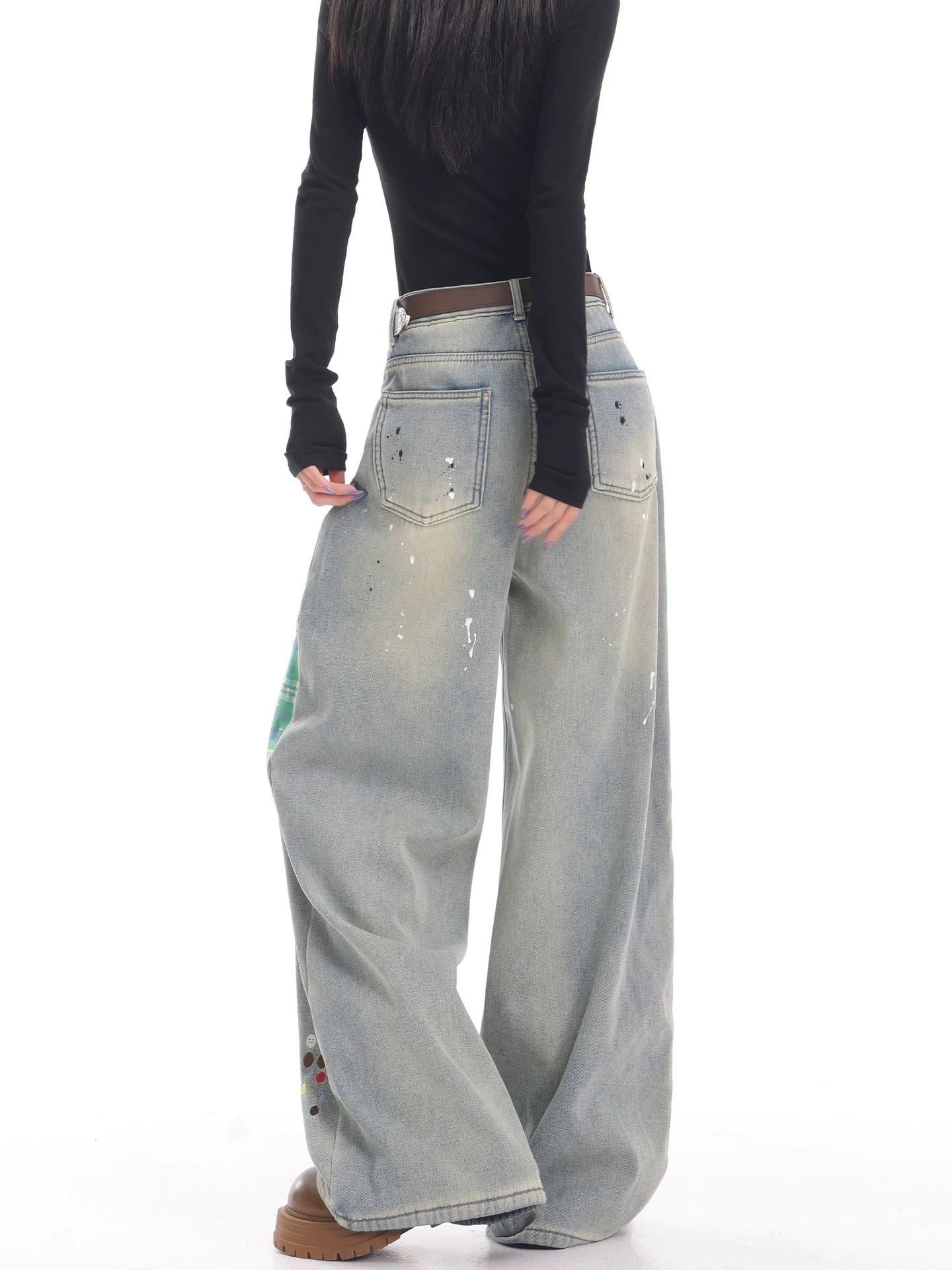 KEN STUDIO quần jean thêu chắp vá màu xanh cổ điển mới mùa thu đông dành cho nữ, quần ống rộng dày và lót lông cừu.