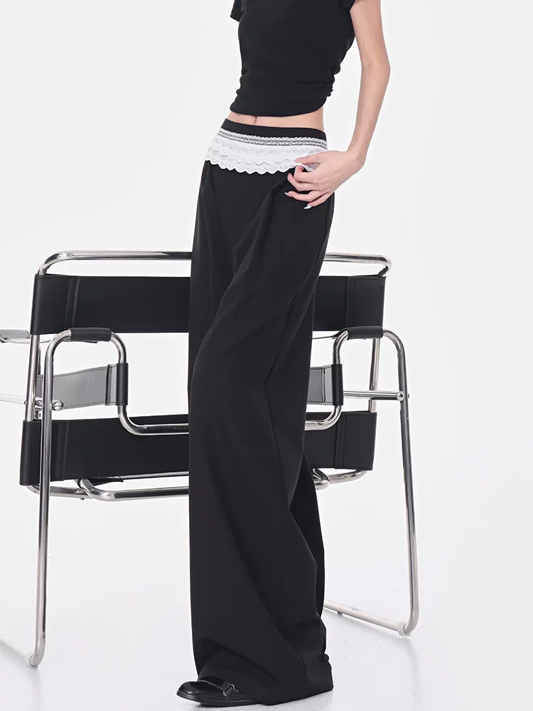 Quần vest chắp vá viền ren đen của KEN STUDIO dành cho nữ, phong cách mùa hè mới, quần ống rộng dài đến sàn, dáng rộng và xếp nếp