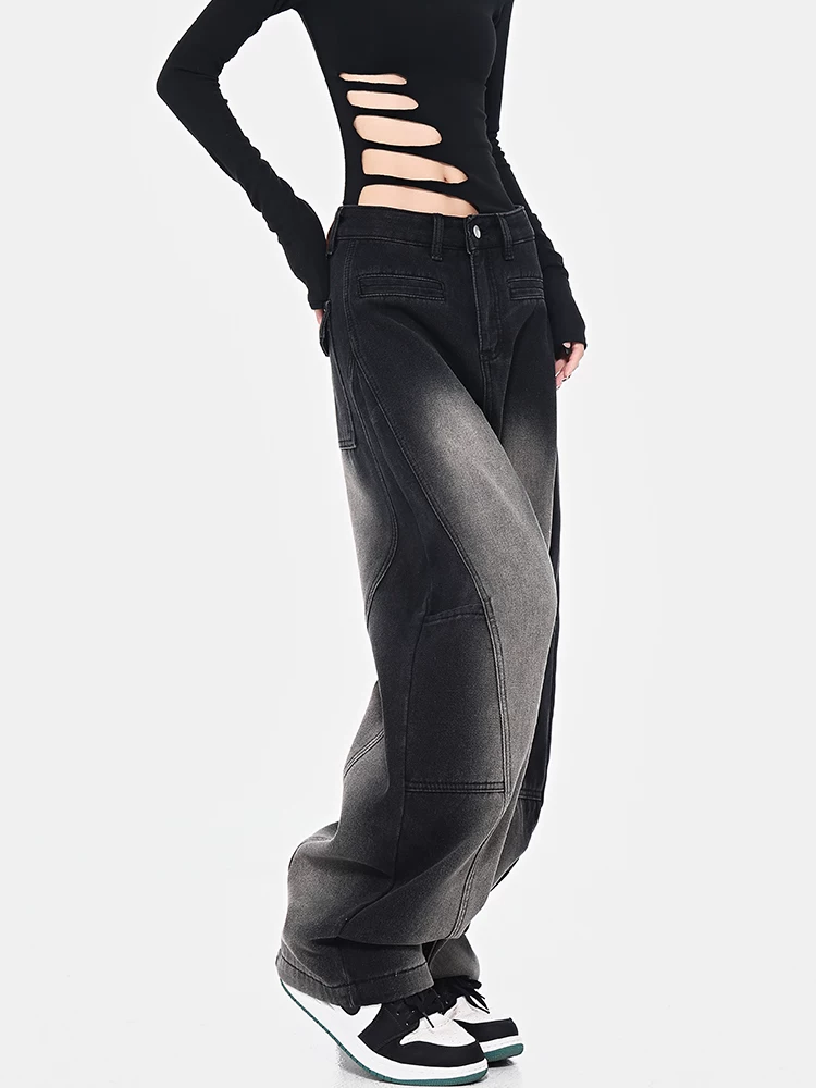 Quần jean kiểu cổ điển KEN STUDIO dành cho nữ, quần ống rộng dáng rộng lót lông cừu mùa thu đông, quần hình liềm, quần dài đến sàn