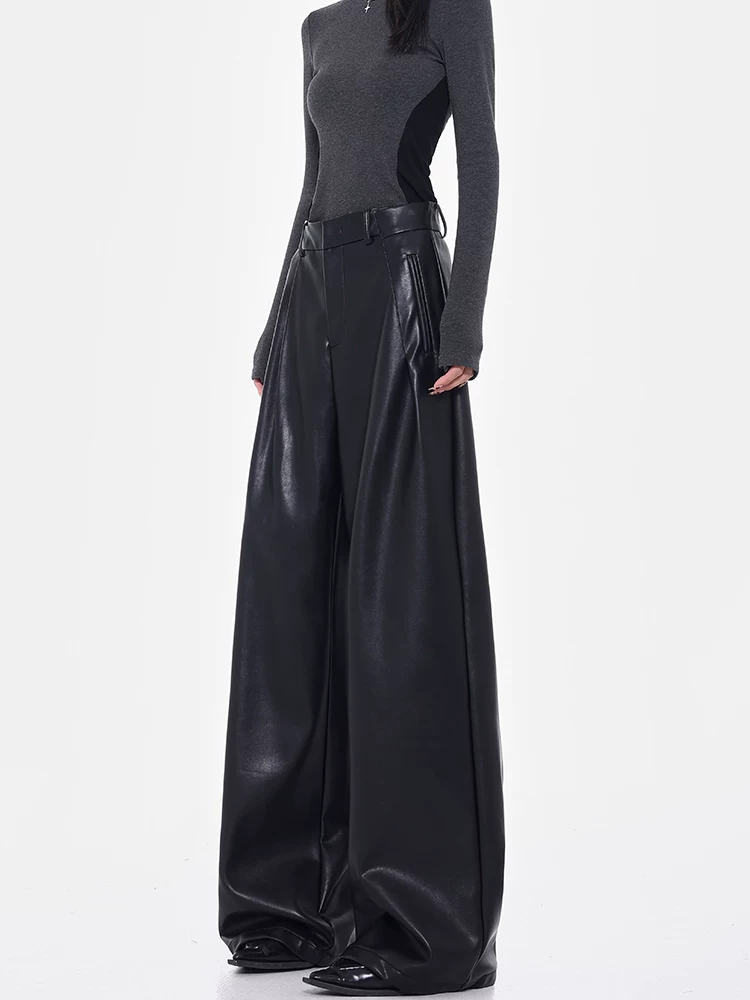 [Bee Happy Club] KEN STUDIO Quần da PU cổ điển dày dặn mùa thu đông Quần ống rộng dáng rộng cạp cao