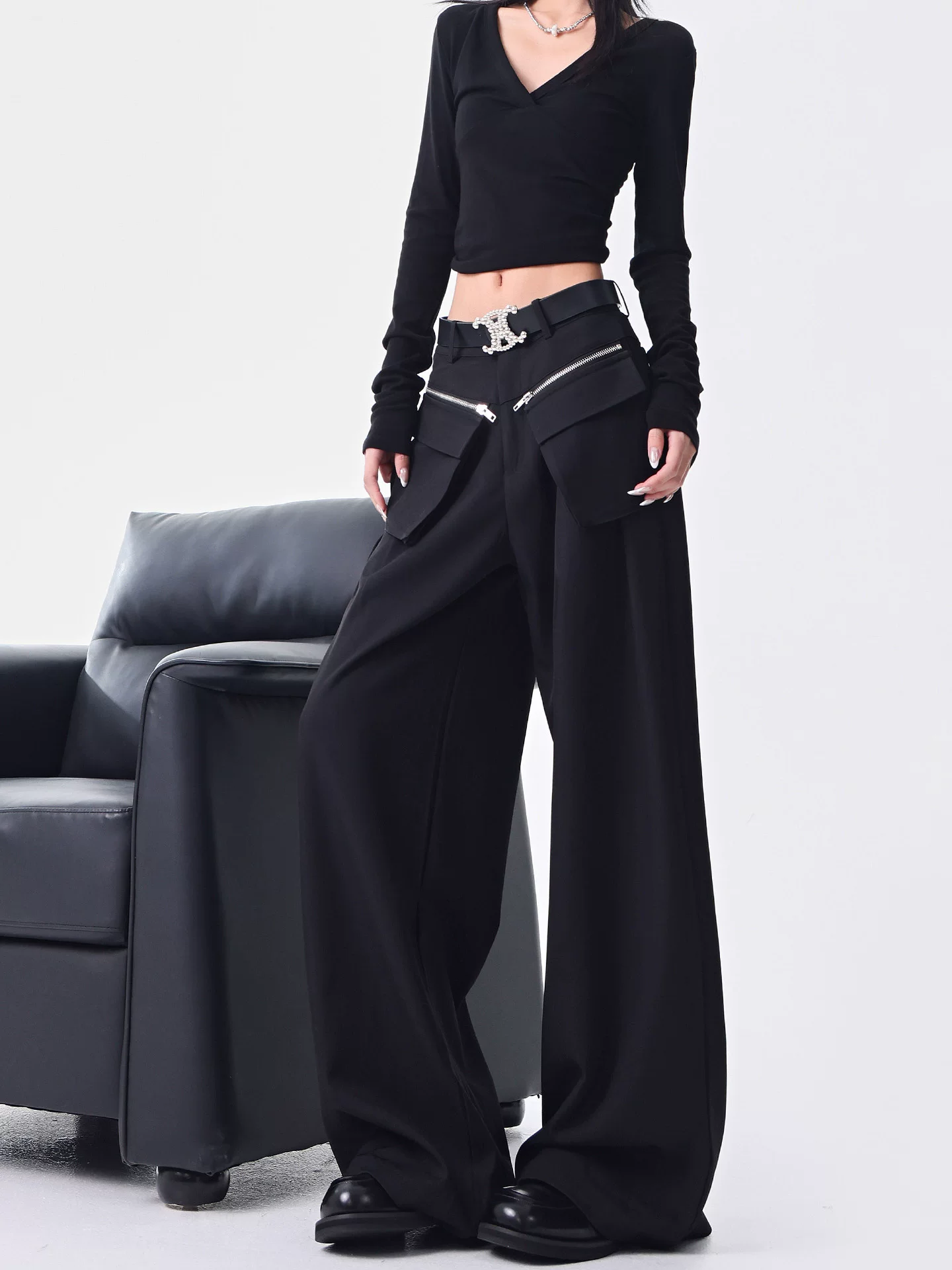 KEN STUDIO quần âu ống đứng màu đen mới đầu thu dành cho nữ, quần ống rộng dáng rộng giản dị sành điệu