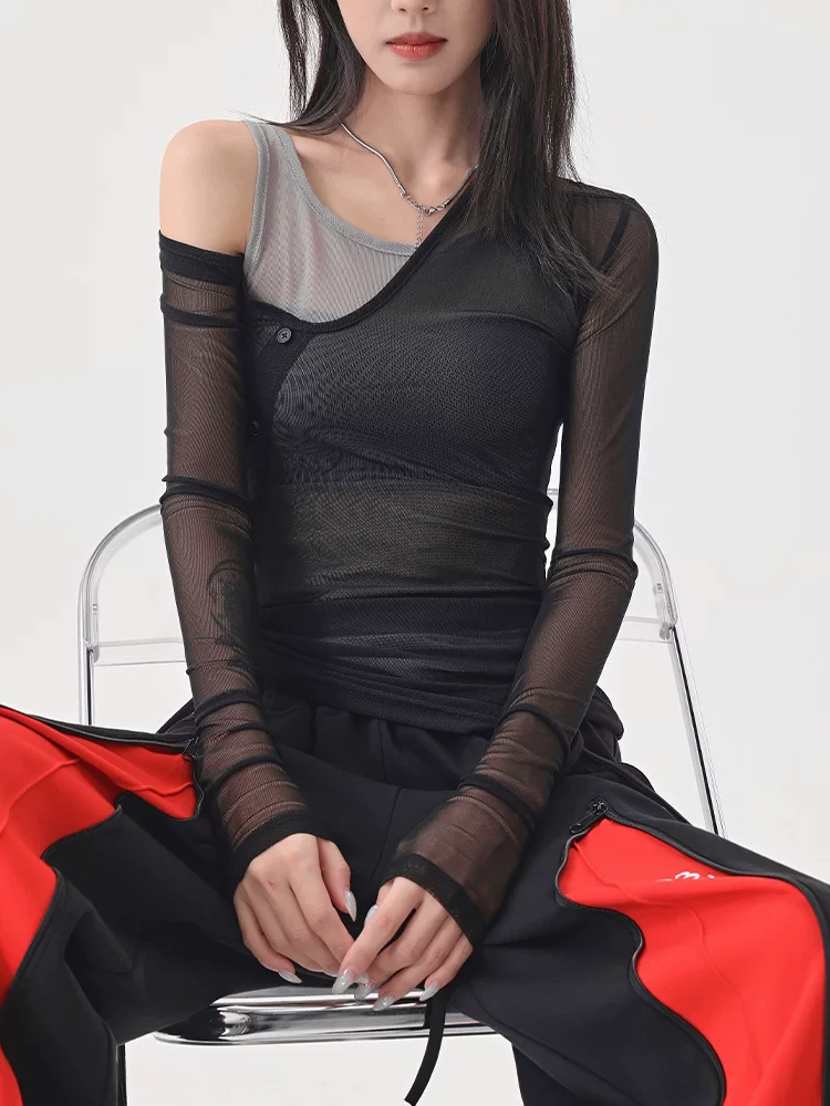 Áo thun dài tay dạng lưới giả hai mảnh màu đen của KEN STUDIO, áo che nắng vừa vặn vừa vặn