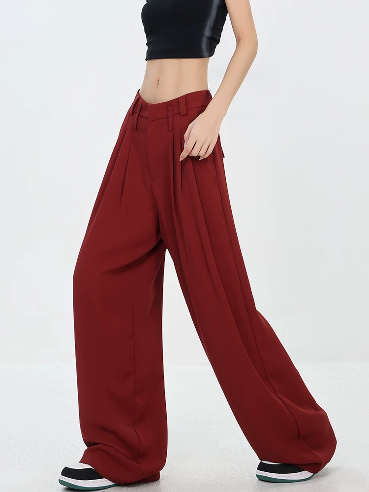 KEN STUDIO Xuân Thu Phong cách mới Quần tây ống rộng màu đỏ mỏng xếp nếp dành cho nữ, Quần dài dáng rộng dáng rộng, quần dài thông thường
