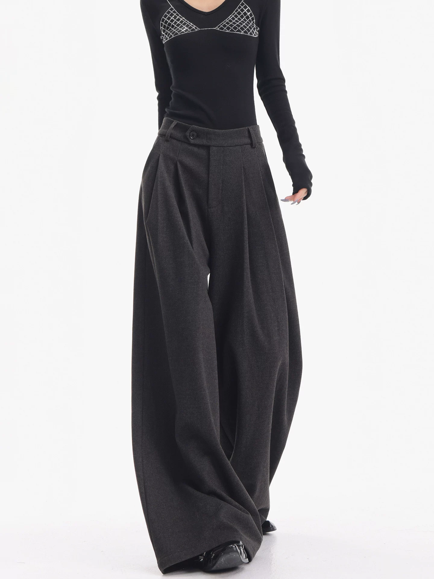 KEN STUDIO Quần tây ống rộng bằng len dày màu xám mới dành cho nữ mùa thu đông, quần dài dáng rộng và tôn dáng