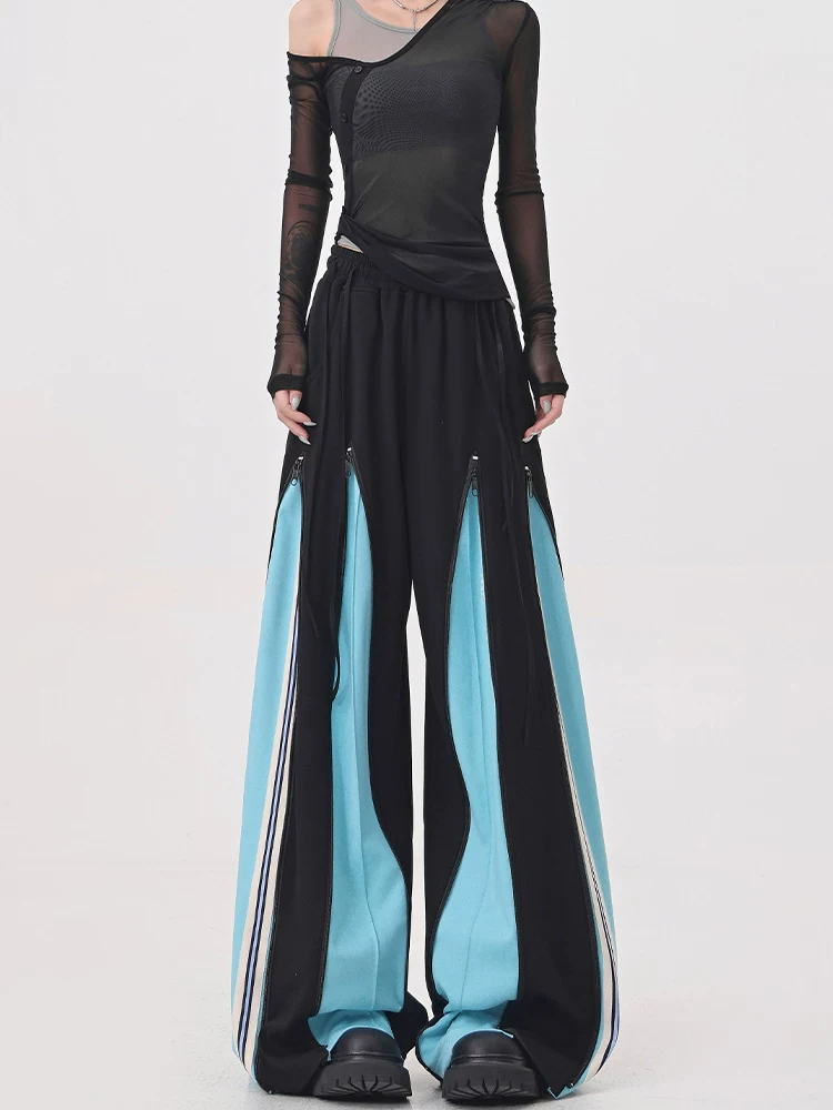 KEN STUDIO quần thể thao chắp vá màu xanh cổ điển dành cho nữ quần dài ống rộng khiêu vũ đường phố nhạc jazz