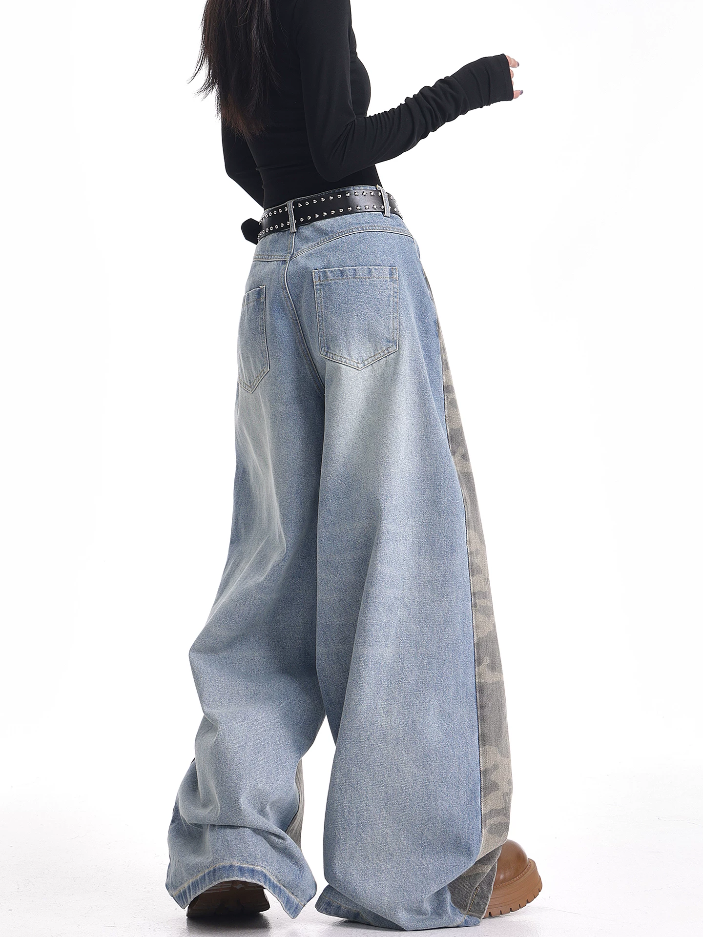 KEN STUDIO mùa thu đông mới quần jean phối màu rằn ri phối màu kiểu Mỹ quần ống rộng dài đến sàn kiểu Mỹ