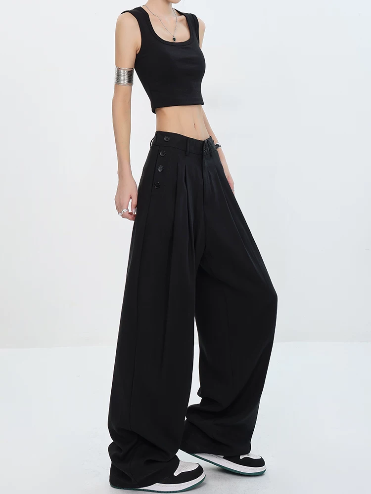 KEN STUDIO nguyên bản mùa hè mới màu đen hai hàng khuy cao cấp mỏng xếp nếp quần ống rộng ống thẳng