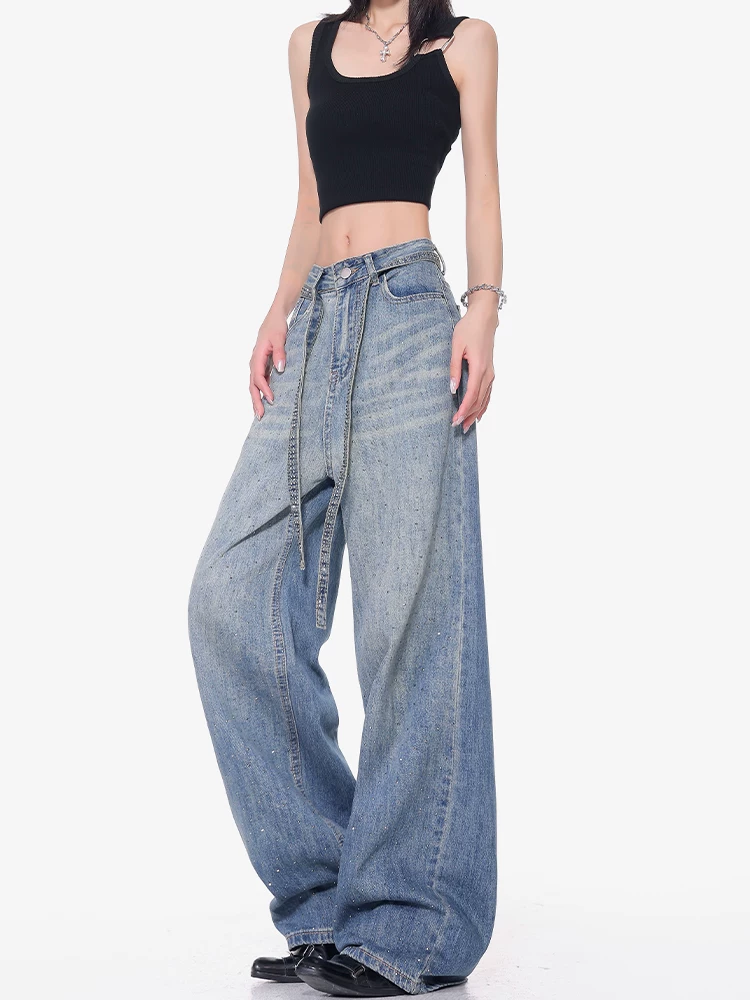 KEN STUDIO Xuân Thu Mới Xanh Dương Đầy Sao Đính Kim Cương Giả Quần Jean Nữ Cao Cấp Rách Rộng Quần Ống Rộng