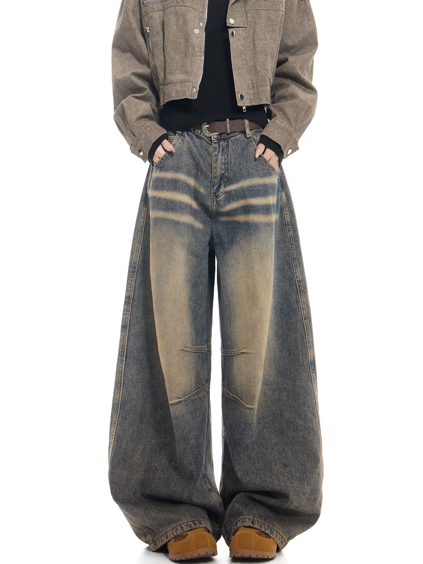 KEN STUDIO Xuân Thu Mới Vintage Giặt Xước Quần Jeans Nữ Cao Cấp Rộng Ống Quần Scimitar