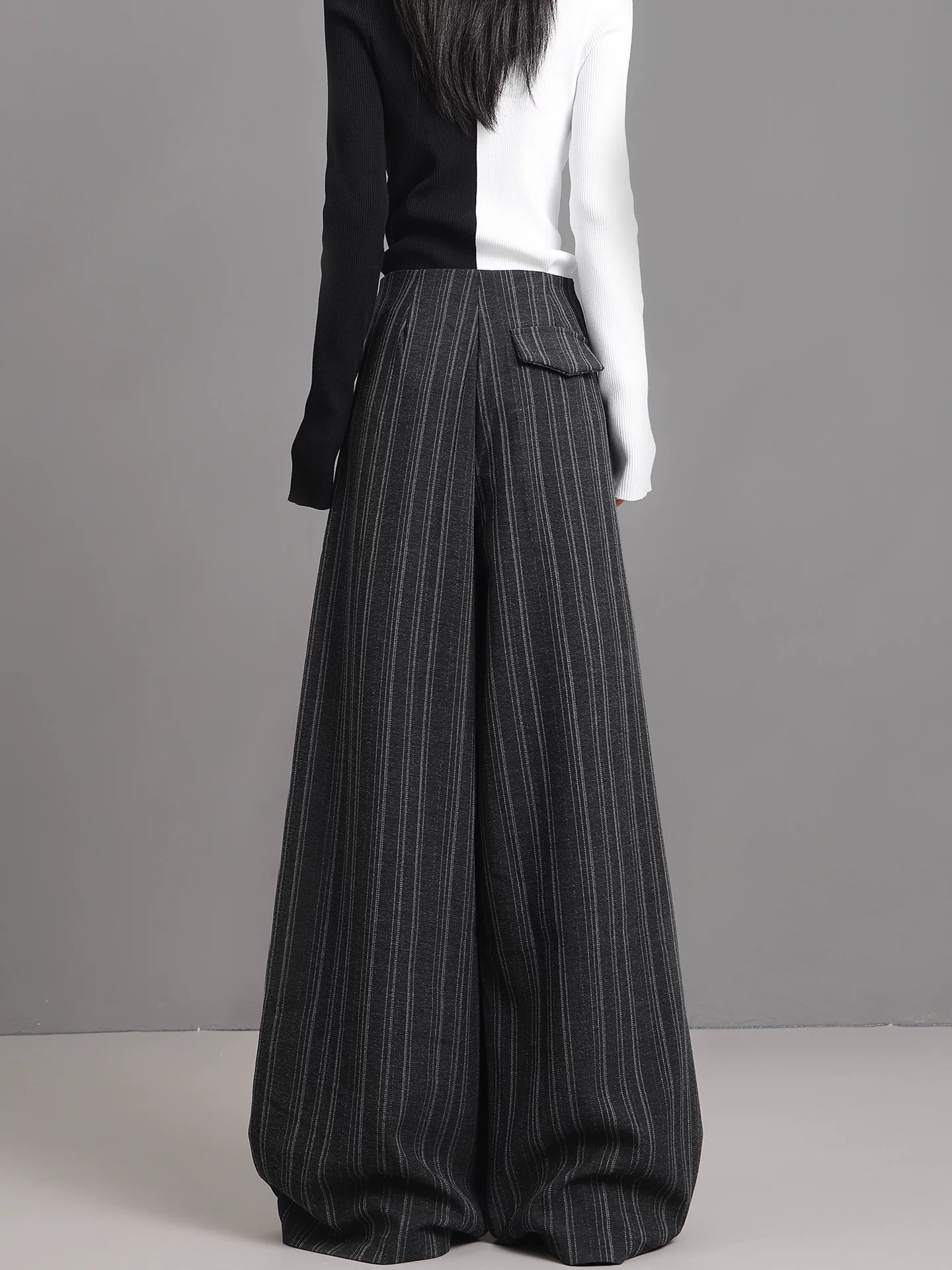 KEN STUDIO Xuân Thu Mới Quần Sọc Xám Nữ Cao Cấp Rời Drap Giảm Béo Quần Ống Rộng