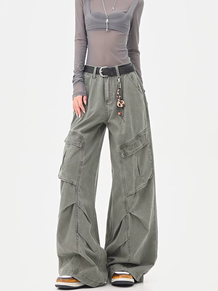 KEN STUDIO mùa hè mới quần jean công sở kiểu vintage được thiết kế theo phong cách vintage dành cho nữ với thiết kế xếp ly, quần ống rộng dáng rộng