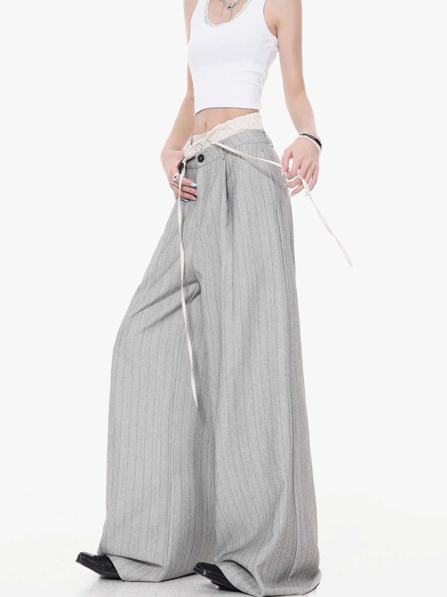 KEN STUDIO Quần tây sọc xám hai eo mới mùa thu dành cho nữ, quần ống rộng cao cấp, quần dài đến sàn