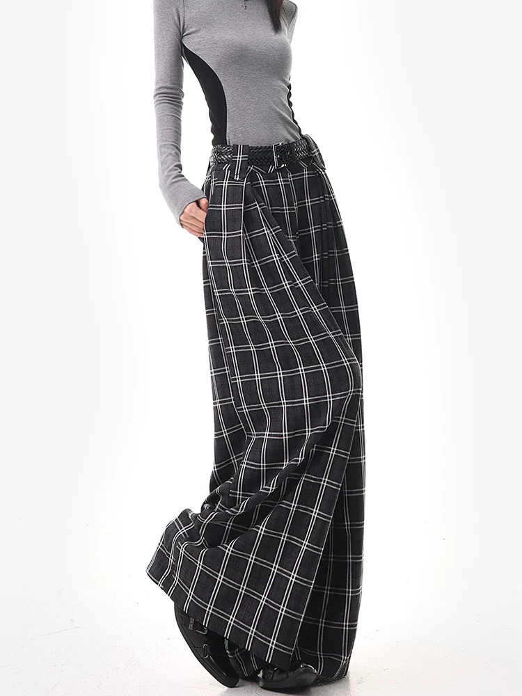 KEN STUDIO Quần kẻ sọc đen mùa hè và mùa thu mới dành cho nữ, quần ống rộng thẳng kiểu dáng lười biếng, quần vest.