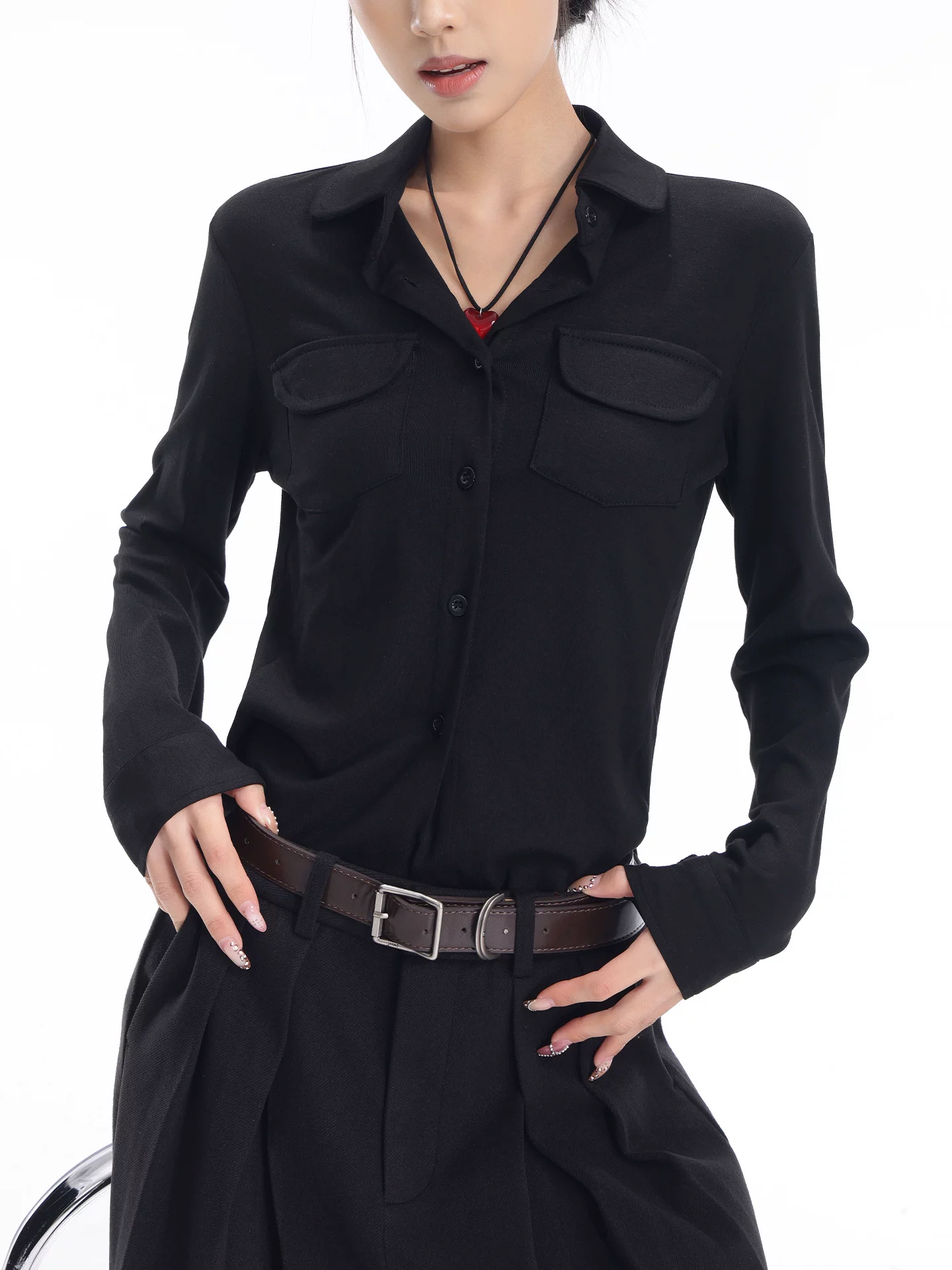 KEN STUDIO Áo sơ mi dài tay đơn giản màu đen mới mùa xuân thu dành cho nữ có cổ bẻ, dáng rộng, dáng suông, áo thun đa năng