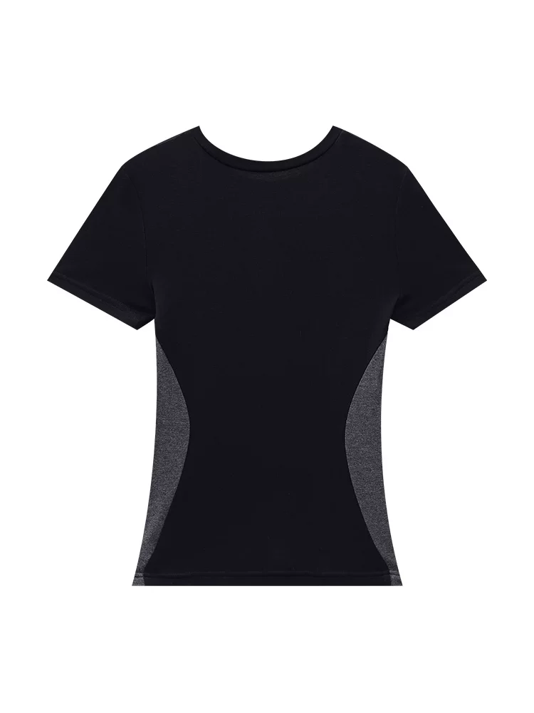 KEN STUDIO mùa hè mới áo thun cổ tròn phối màu ngắn tay dành cho nữ, áo sơ mi dáng ôm vừa vặn hợp thời trang