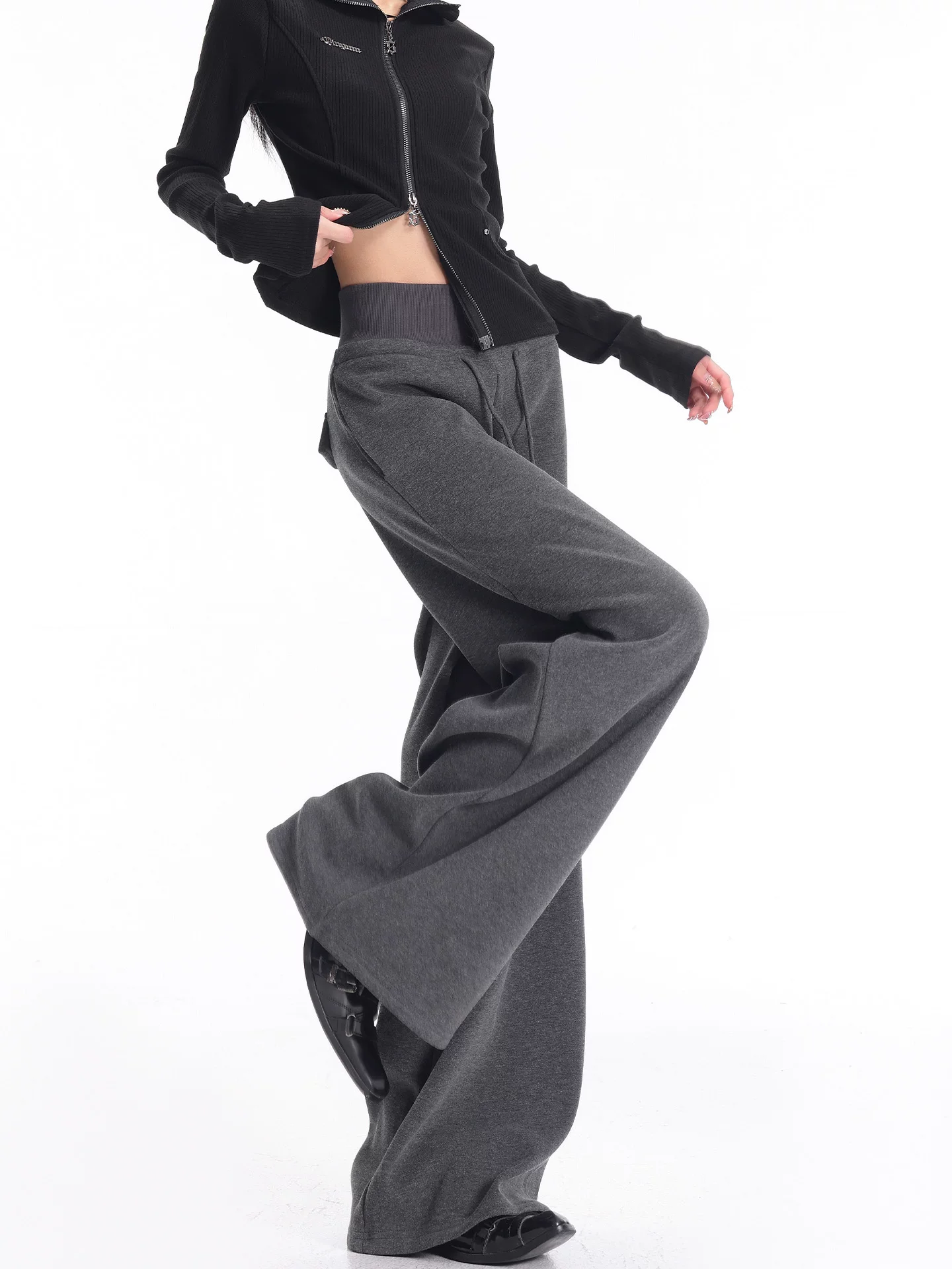 KEN STUDIO quần thể thao dày lót lông cừu màu xám thu đông mới dành cho nữ, quần cạp cao, dáng rộng, quần ống rộng kiểu gạo nếp