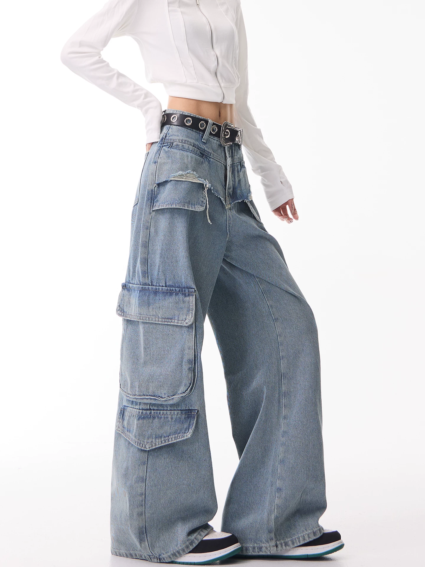 KEN STUDIO quần jean công sở thiết kế cổ điển kiểu Mỹ dành cho nữ, quần ống rộng lưng cao mới mùa xuân và mùa thu