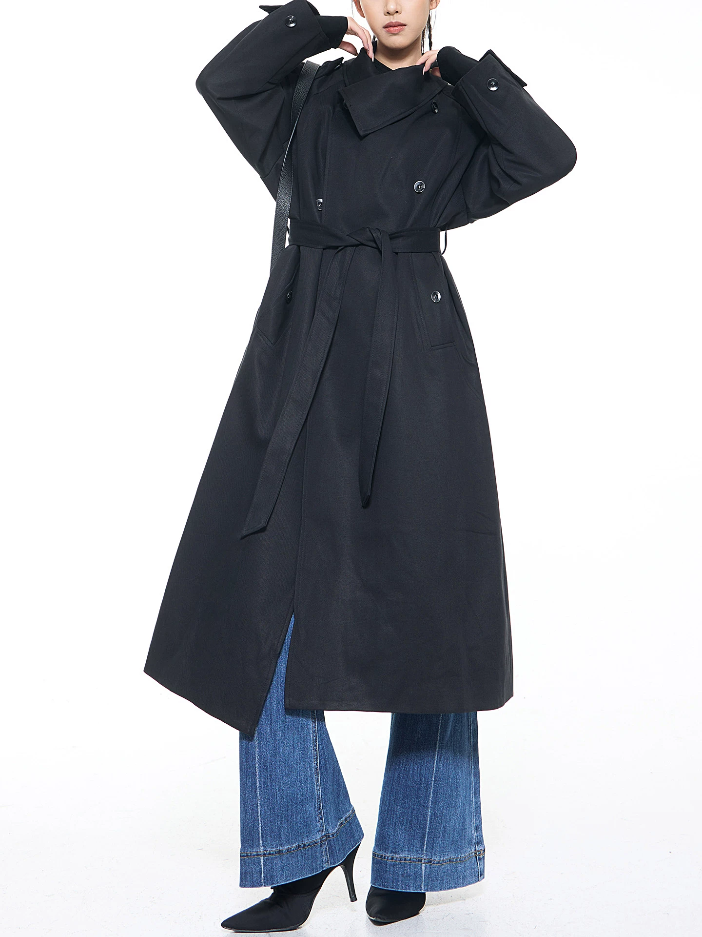 KEN STUDIO mùa thu đông mới phong cách Anh quốc áo khoác dài có ve áo màu đen dành cho nữ áo khoác dáng rộng dài vừa phải