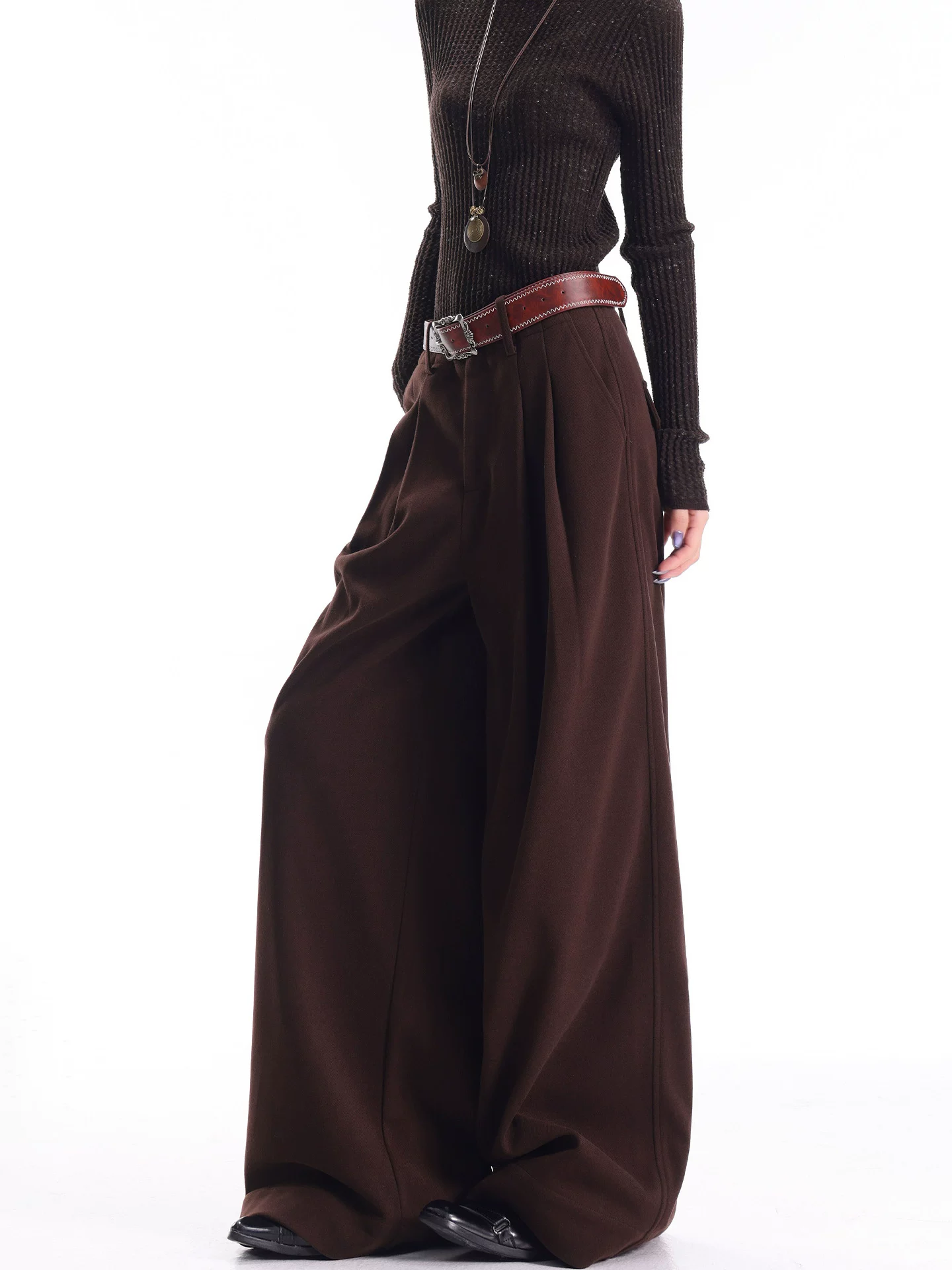 KEN STUDIO Quần tây xếp ly len dày màu cà phê mới thu đông dành cho nữ, quần ống rộng dáng rộng lưng cao