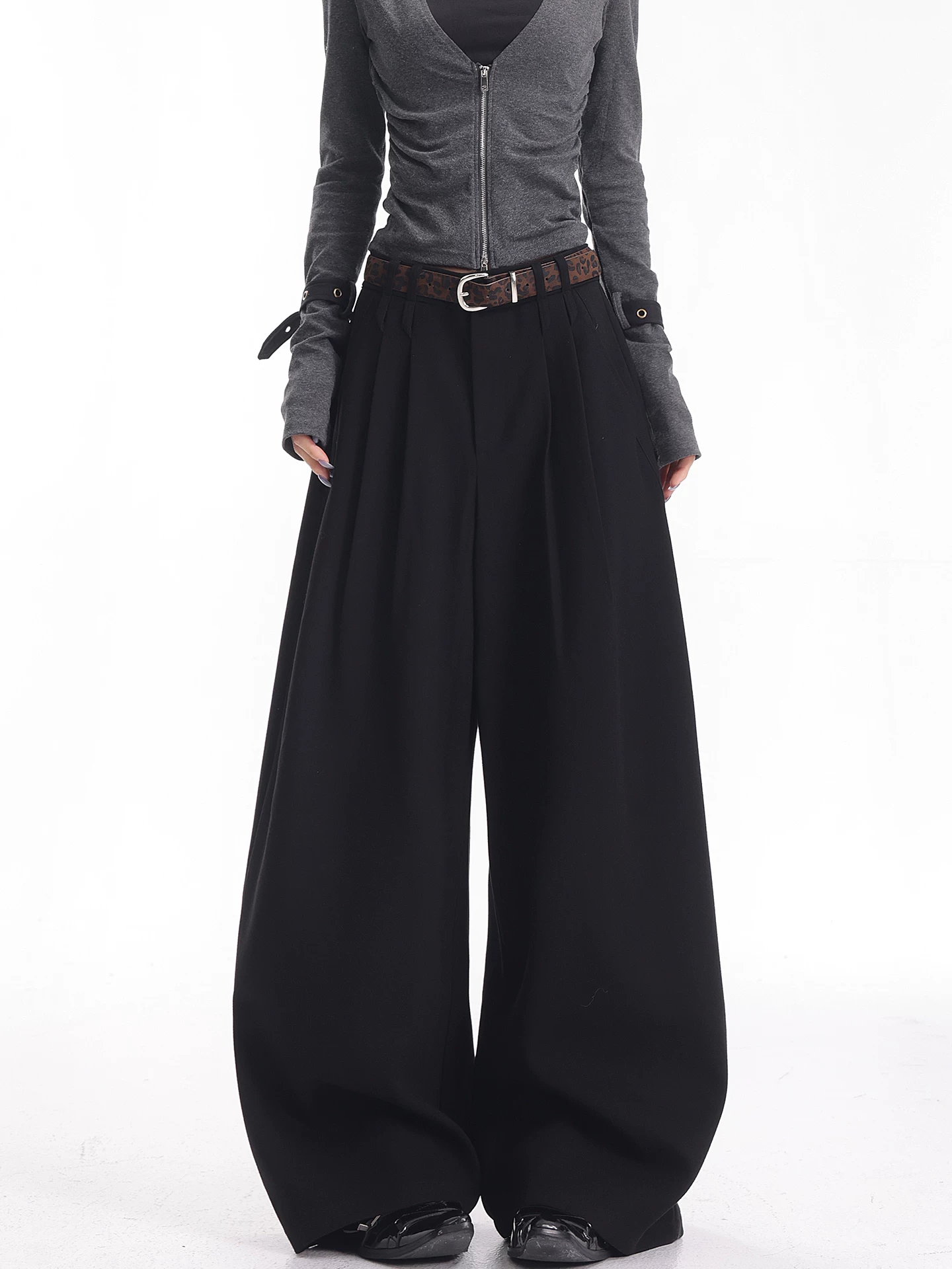 KEN STUDIO Quần tây ống rộng màu đen chải kỹ mùa thu đông mới dành cho nữ, quần dài xếp ly dáng rộng, dáng rộng, dài đến sàn