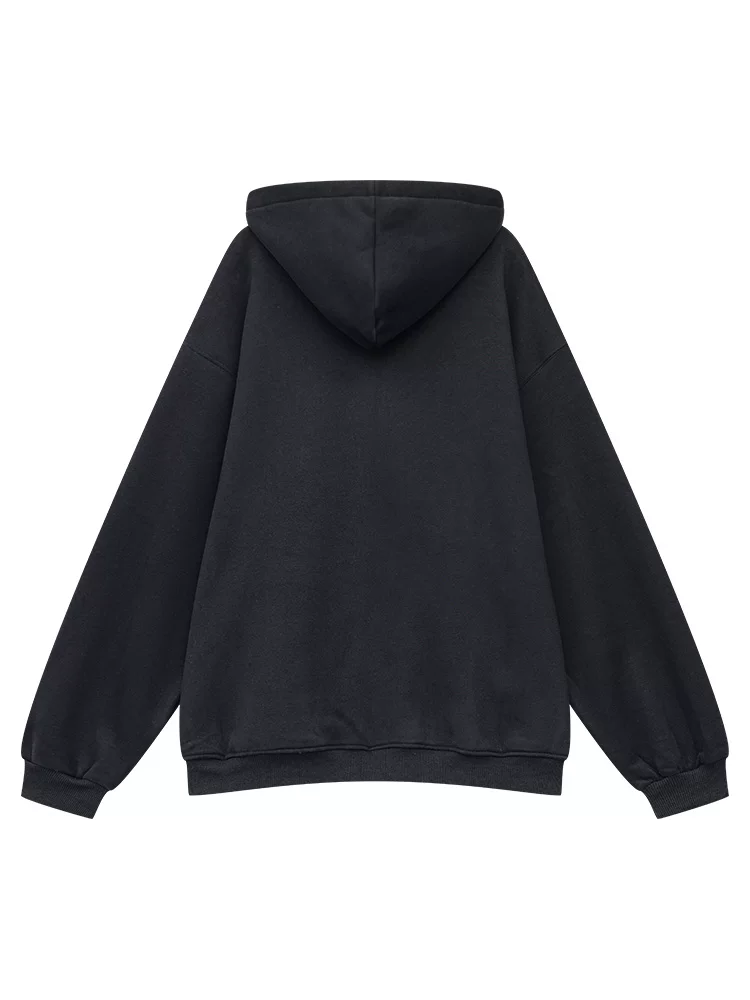 KEN STUDIO Áo len cardigan có mũ trùm đầu màu đen lót nhung mới mùa thu đông dành cho nữ, áo khoác dáng rộng giản dị giúp giảm béo