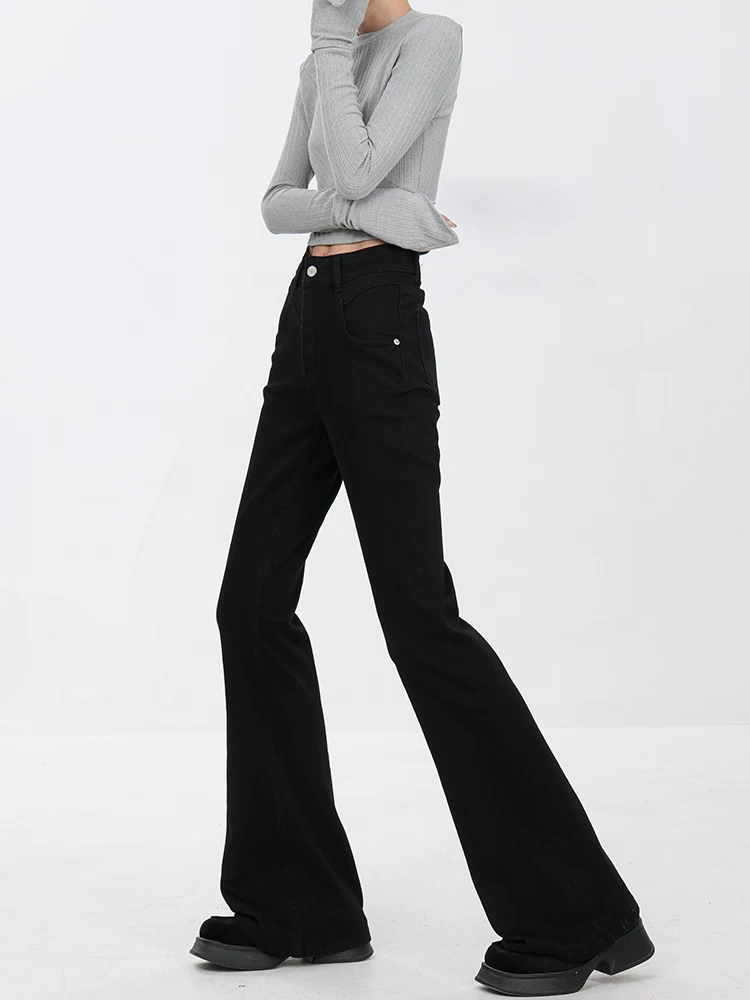 KEN STUDIO2025 mùa thu đông mới kiểu Mỹ cổ điển quần jean đen nữ dáng ôm vừa vặn quần ống loe giảm béo