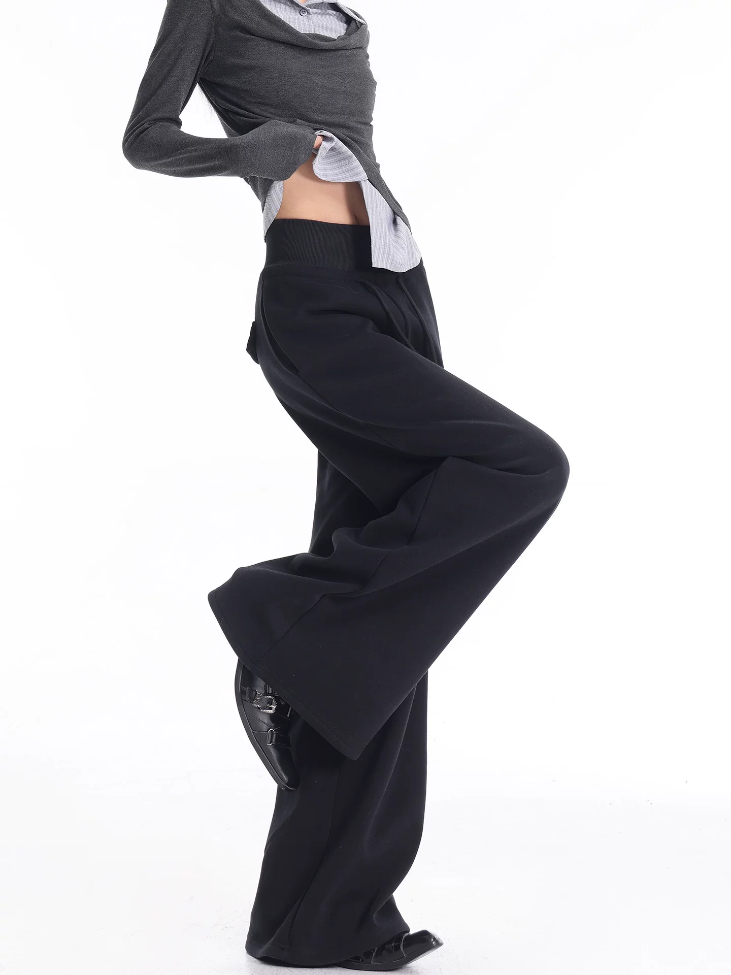 KEN STUDIO Quần thể thao dày lót lông cừu màu đen mới thu đông dành cho nữ, quần cạp cao, dáng rộng, quần ống rộng thông thường