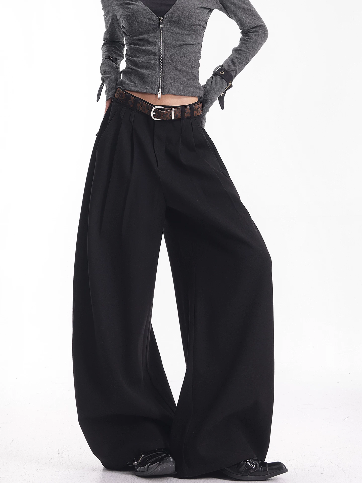 KEN STUDIO Quần tây ống rộng màu đen chải kỹ mùa thu đông mới dành cho nữ, quần dài xếp ly dáng rộng, dáng rộng, dài đến sàn