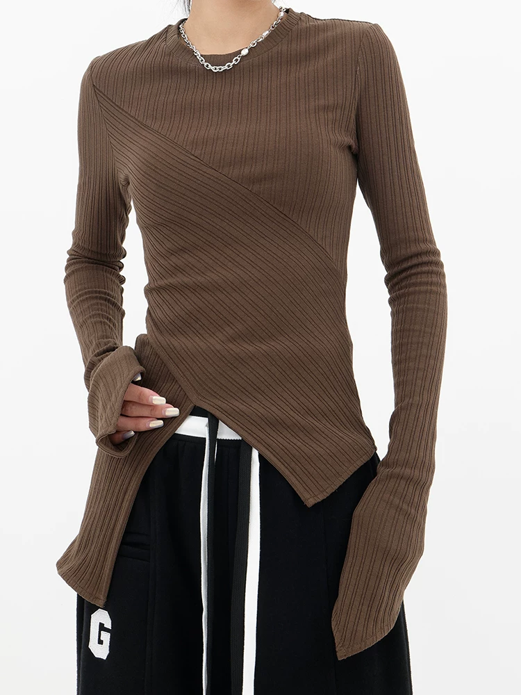 Áo thun dài tay thu đông mới lấy cảm hứng từ thiết kế của KEN STUDIO dành cho nữ, áo dệt kim ôm sát dáng suông không đều, áo lót.