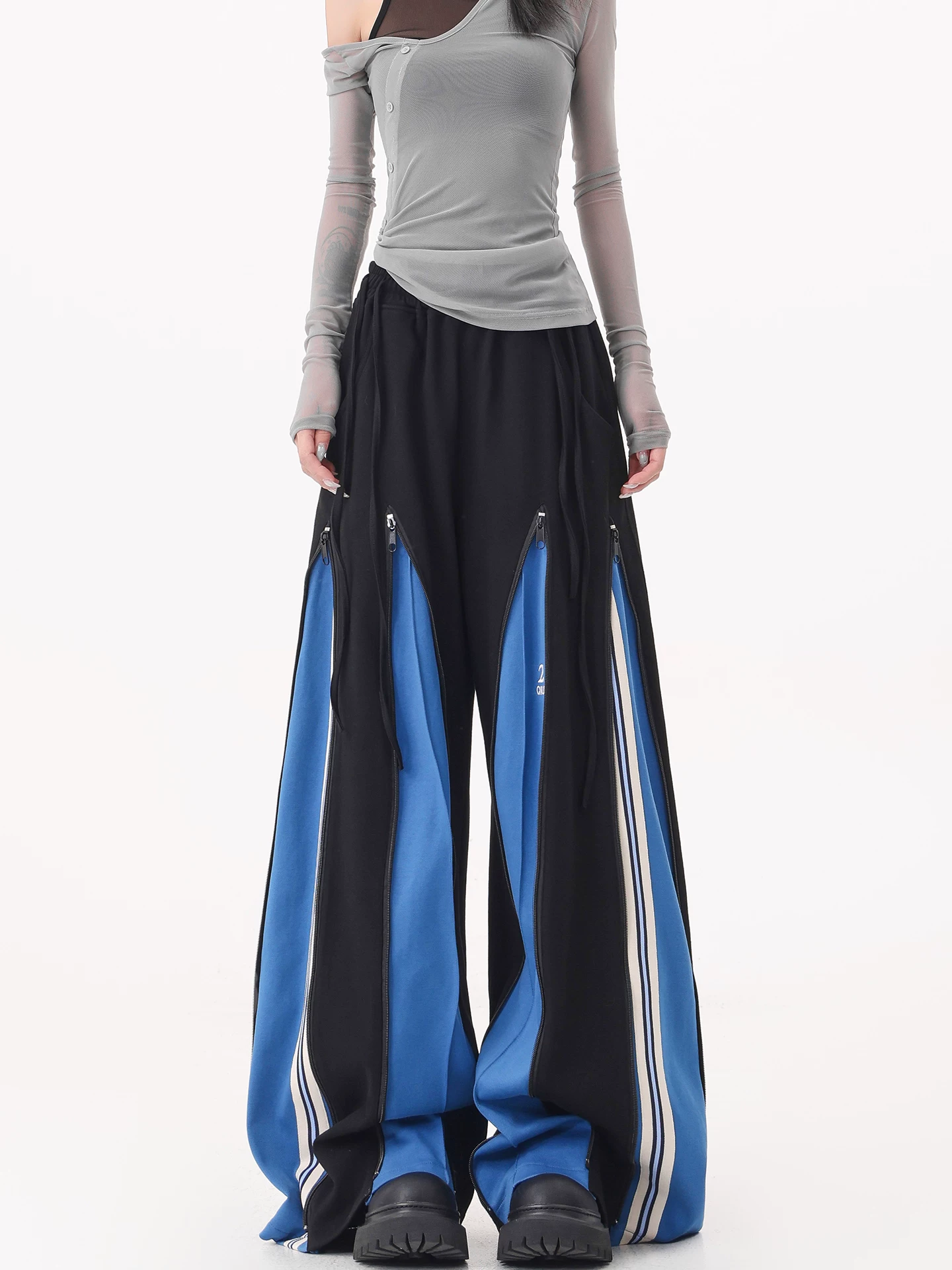 KEN STUDIO quần thể thao chắp vá phong cách retro mùa thu dành cho nữ khiêu vũ đường phố nhạc jazz quần ống rộng dài đến sàn