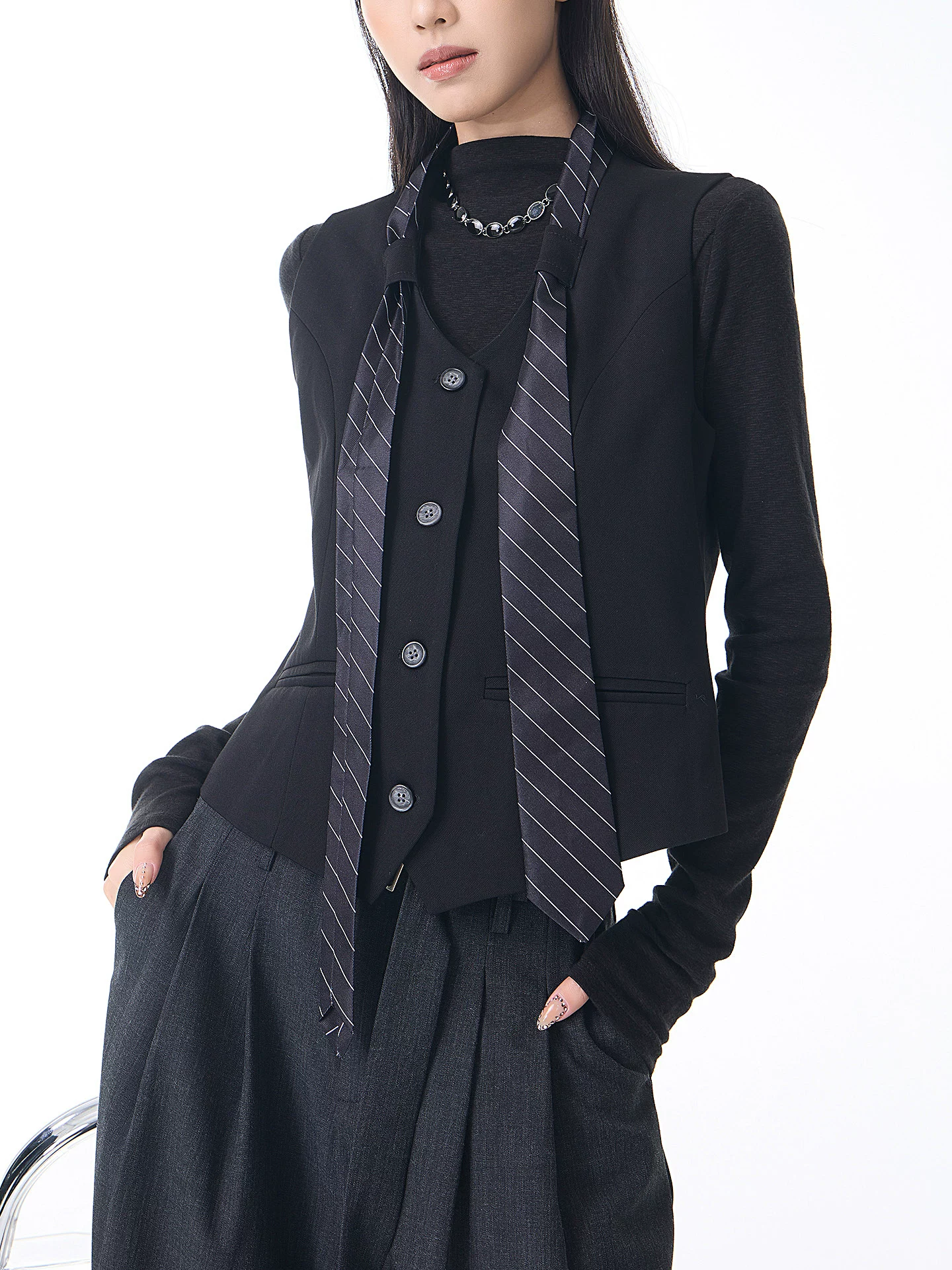 KEN STUDIO Xuân Thu Mới Màu Đen Không Tay Phù Hợp Với Áo Vest Nữ Cổ Chữ V Sọc Thắt Nơ Slim Fit Áo Vest Áo Khoác