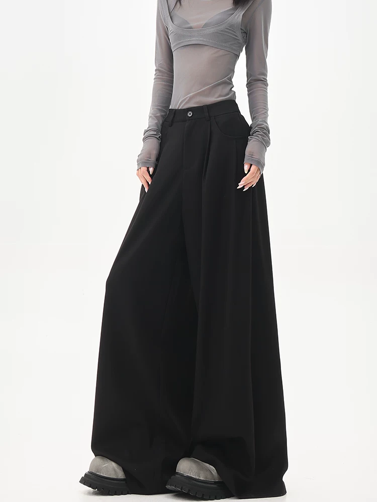 KEN STUDIO Quần tây ống rộng màu đen mùa hè mới dành cho nữ, quần cạp cao, dáng rộng, dáng suông, quần dài xếp tầng