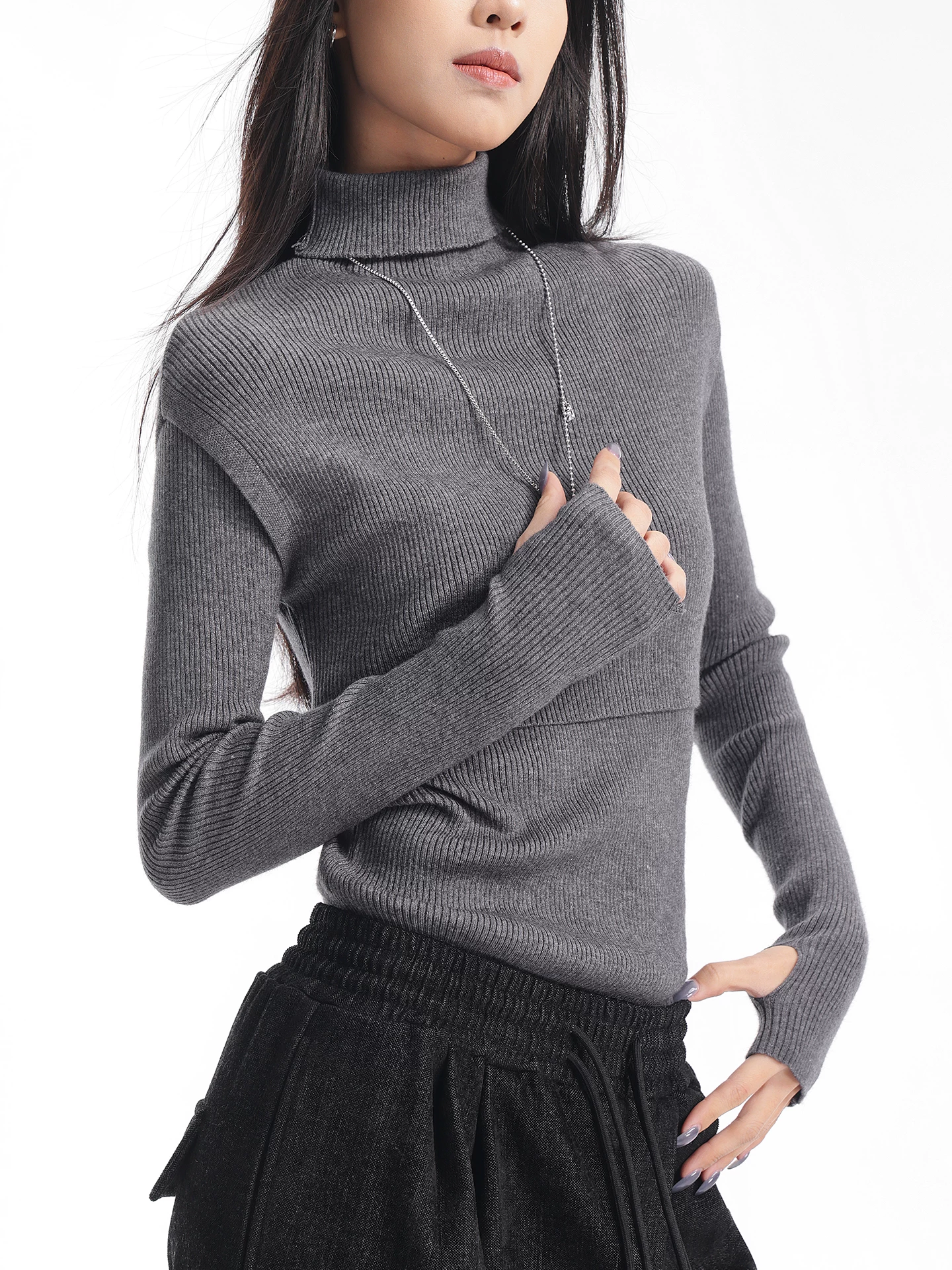 KEN STUDIO Bộ đồ hai mảnh áo len dài tay màu xám mùa thu đông mới dành cho nữ cổ cao ôm sát bên trong