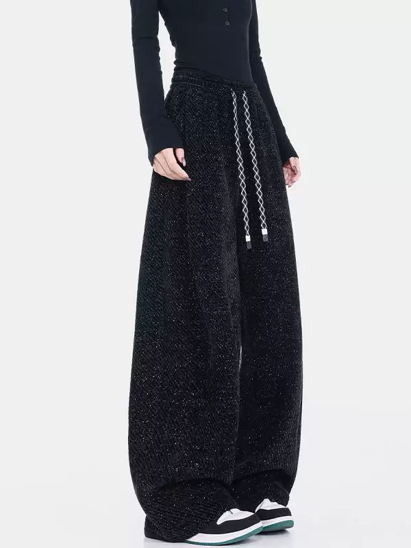 KEN STUDIO quần dài có dây rút lót lông cừu mùa thu đông màu đen dành cho nữ, quần ống rộng dáng rộng giảm béo