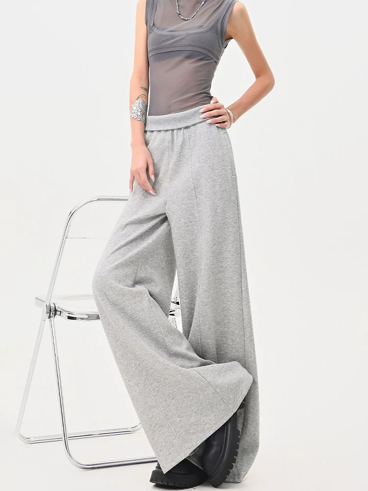 KEN STUDIO Quần thể thao màu xám phong cách Mỹ dành cho nữ, quần thể thao ống đứng cạp cao mới, quần ống rộng cho mùa hè và mùa thu.