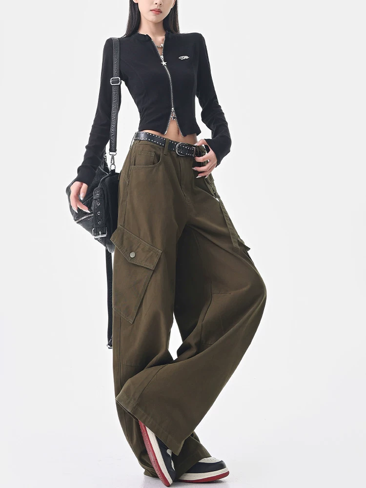 KEN STUDIO Thu Đông Mới Mỹ Retro Xanh Quân Đội Quần Ống Rộng Hàng Hóa Nữ Lỏng Lẻo Giảm Béo Scimitar Quần Âu