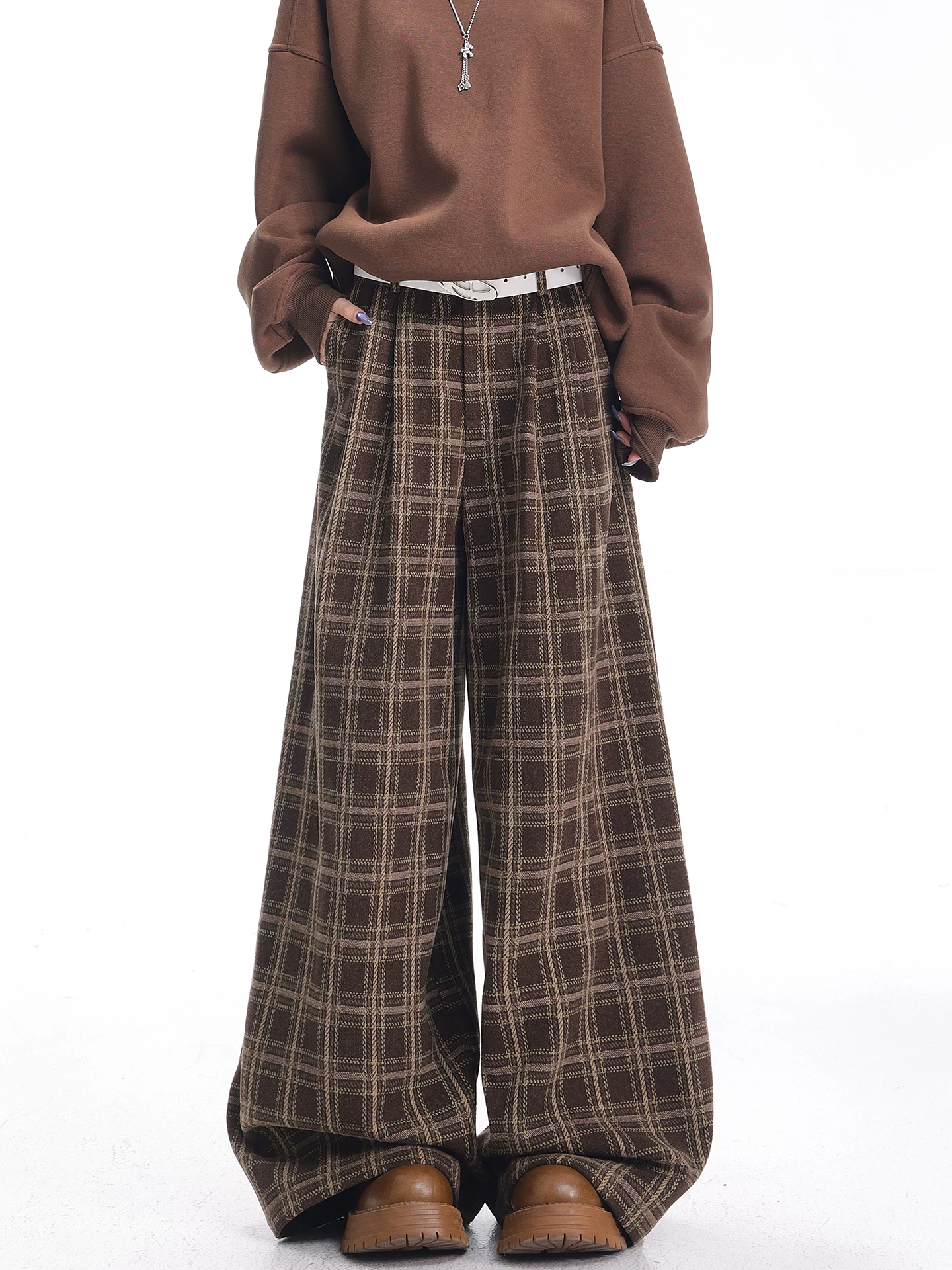 KEN STUDIO Quần thường ngày kẻ sọc dày màu cà phê mùa thu đông mới dành cho nữ, quần ống rộng dài đến sàn dáng rộng giúp giảm béo