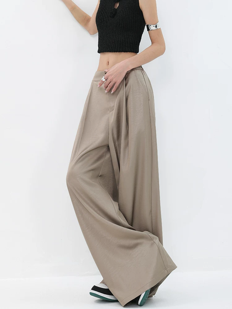 KEN STUDIO quần ống rộng dáng rộng màu sâm panh mới mùa hè dành cho nữ, quần thường ngày đa năng giúp giảm béo