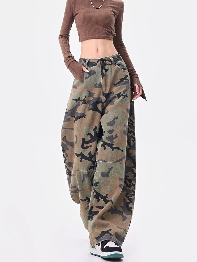 KEN STUDIO mùa hè và mùa thu mới của Mỹ quần jean ngụy trang cổ điển lưng cao dáng rộng quần ống rộng quần ống rộng quần scimitar