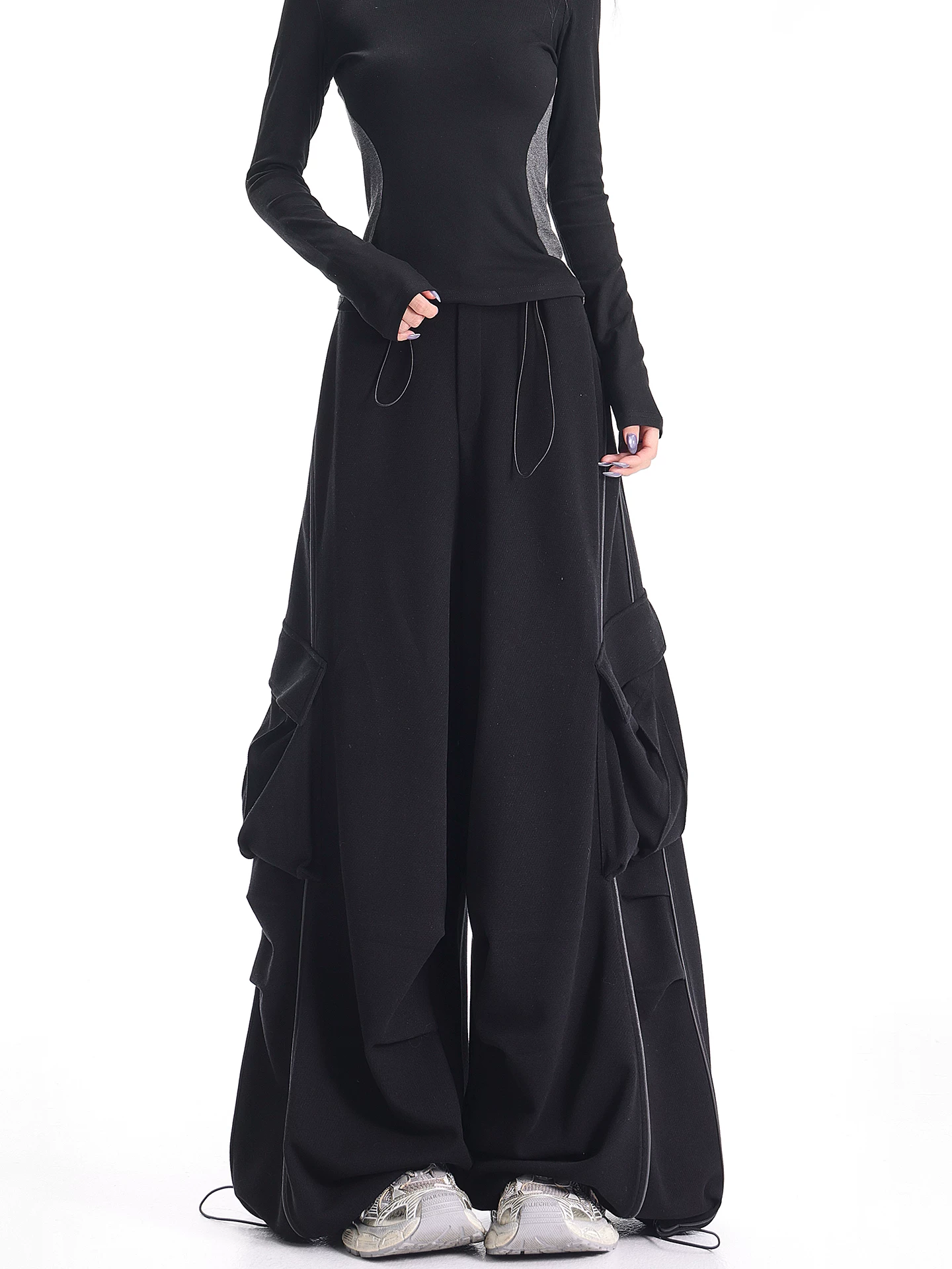 KEN STUDIO mùa thu đông mới quần dài xếp ly phong cách Mỹ quần dài xếp ly kiểu lính dù quần thể thao ống rộng quần ống rộng dành cho nữ