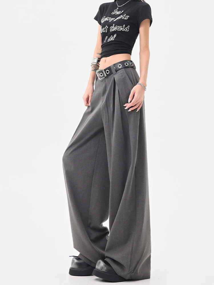 KEN STUDIO quần âu ống rộng màu xám mới đầu thu dành cho nữ với thiết kế xếp ly quần ống đứng thông thường