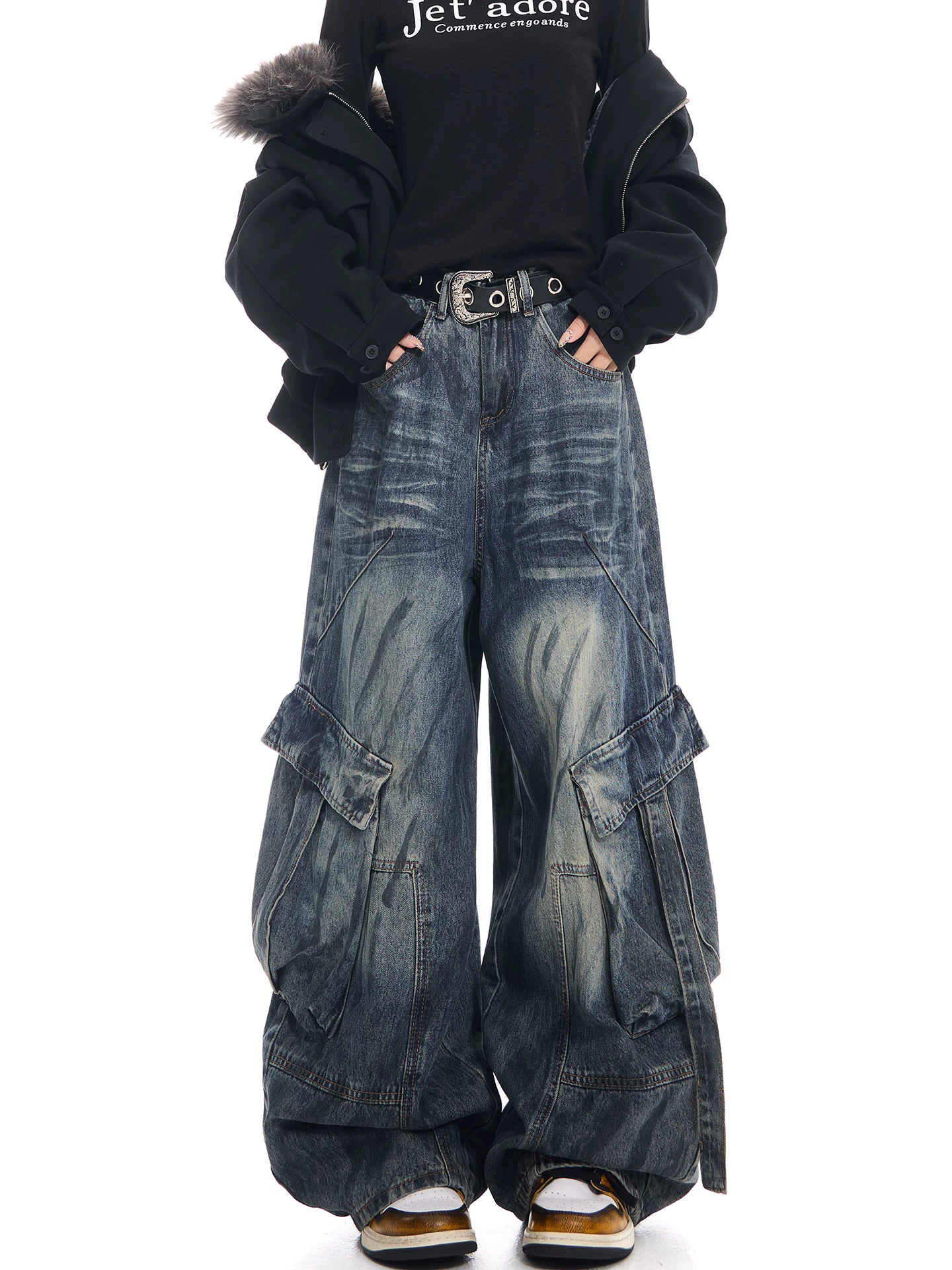 KEN STUDIO Xuân Thu Mới Vintage Quần Jean Workwear Giặt Nước Cứng Cáp Dáng Rộng Quần Suông Dáng Kiếm Cho Nữ