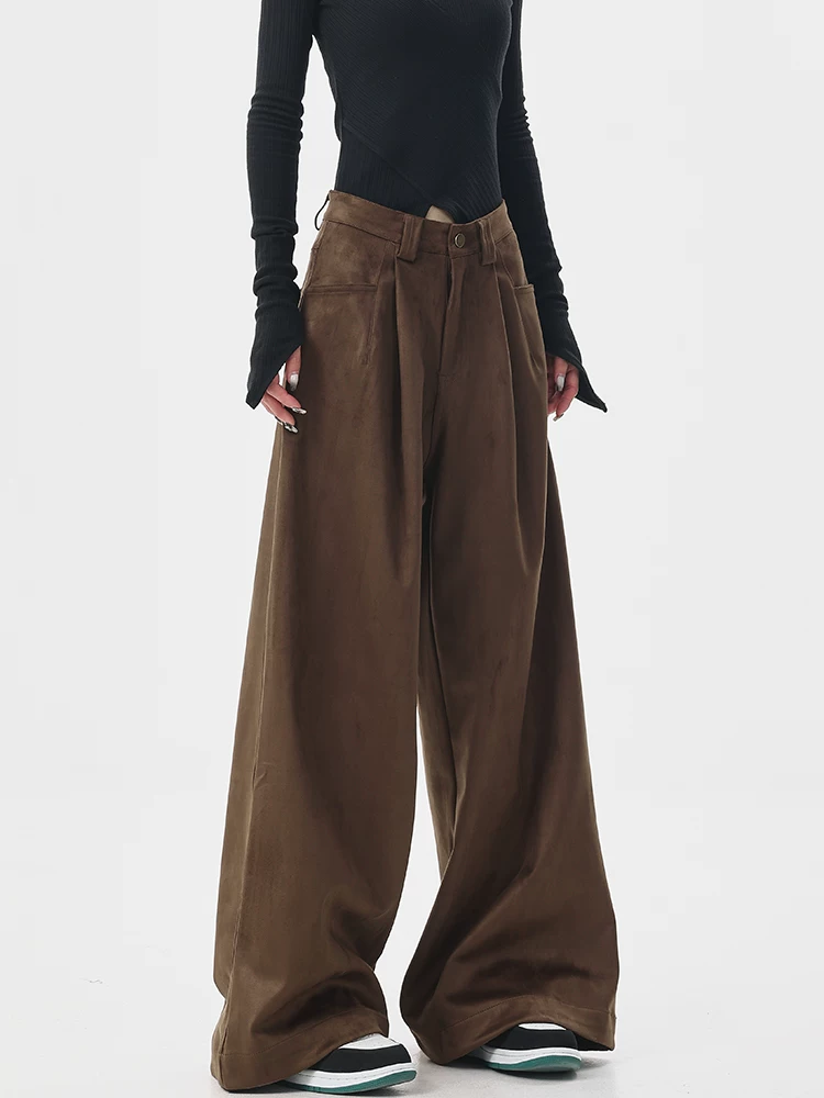 KEN STUDIO Melard Trang phục Thu Đông Da lộn dày màu cà phê Quần âu nữ dài đến sàn Quần ống rộng